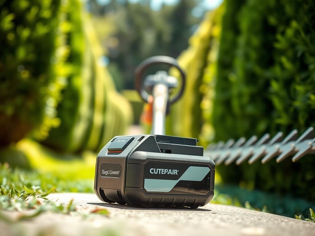 A realistic close-up of a cordless battery designed for hedge trimmers, prominently displayed in the foreground. The battery should be sleek, featuring a modern design with clear branding, showcasing a powerful capacity indicator. In the middle ground, include a stylish cordless hedge trimmer, slightly angled to highlight the battery attachment, with sharp, gleaming blades reflecting light. In the background, create a blurred garden scene, filled with lush greenery and neatly trimmed hedges, conveying a sense of tranquility and efficiency. The lighting should be bright but soft, reminiscent of a sunny afternoon, with natural shadows enhancing the depth. The overall atmosphere should convey innovation and ease of use, ideal for any gardening enthusiast.