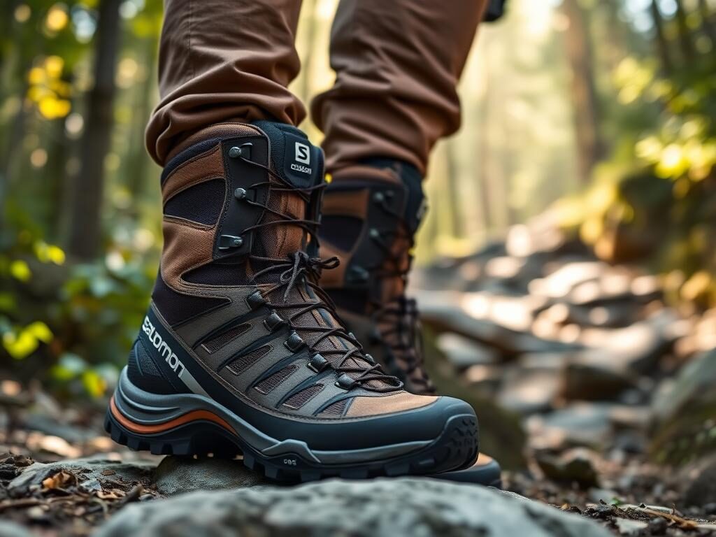 A realistic close-up photograph of Salomon Quest 4 Gore-Tex hiking boots showcasing their superior ankle support. The boots should be prominently displayed in the foreground, highlighting their rugged texture and intricate design details, including the lacing system and the Gore-Tex logo. In the middle ground, depict a blurred nature scene of a forested trail with green foliage and rocky terrain, emphasizing the outdoor hiking context. The background should feature soft, diffused natural sunlight filtering through the trees, creating a warm, inviting atmosphere. Use a shallow depth of field to keep the focus on the boots while adding a sense of depth to the overall composition. The mood is adventurous yet serene, perfect for backpacking enthusiasts. A realistic close-up photograph of Salomon Quest 4 Gore-Tex hiking boots showcasing their superior ankle support. The boots should be prominently displayed in the foreground, highlighting their rugged texture and intricate design details, including the lacing system and the Gore-Tex logo. In the middle ground, depict a blurred nature scene of a forested trail with green foliage and rocky terrain, emphasizing the outdoor hiking context. The background should feature soft, diffused natural sunlight filtering through the trees, creating a warm, inviting atmosphere. Use a shallow depth of field to keep the focus on the boots while adding a sense of depth to the overall composition. The mood is adventurous yet serene, perfect for backpacking enthusiasts.