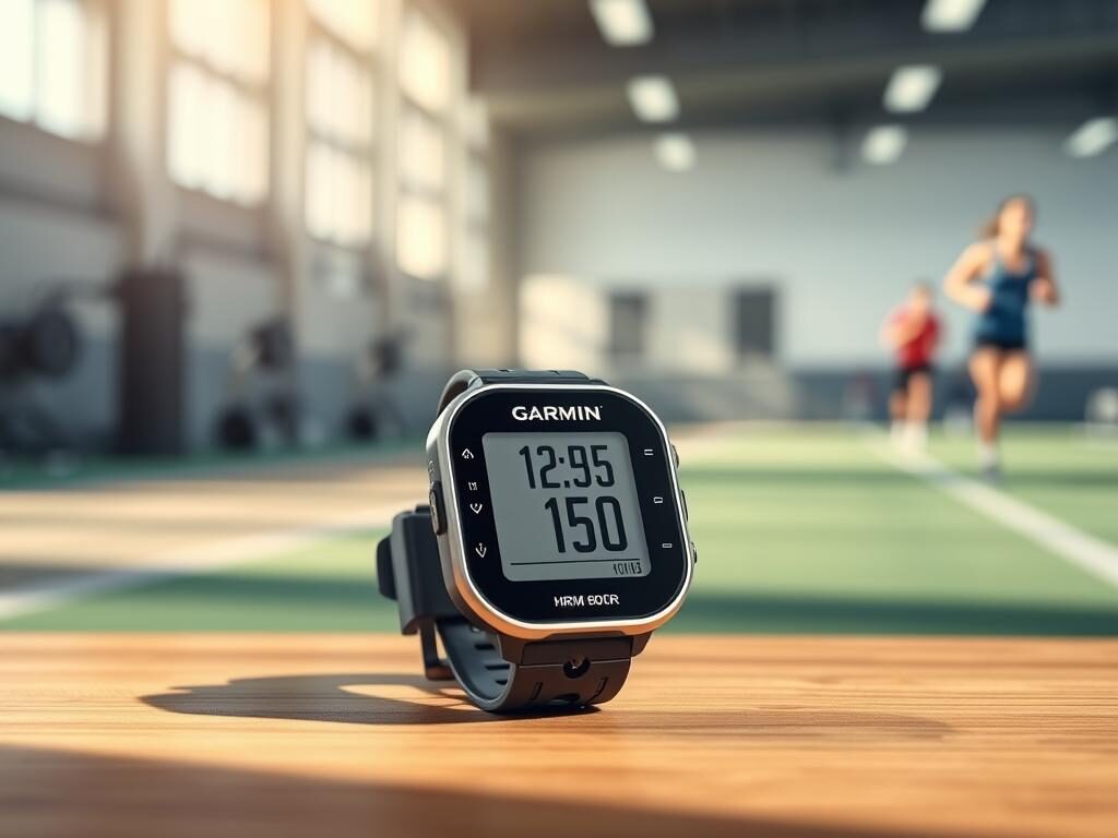 A realistic image of a Garmin HRM 600 heart rate monitor, prominently displayed in the foreground, showcasing its sleek design with a black and silver color scheme. The monitor should be positioned on a wooden surface, with soft natural light illuminating it from the left, creating subtle shadows for depth. In the middle, include a blurred background of a fitness setting, such as a gym or outdoor track, hinting at athletes in motion to suggest its use case. Use a shallow depth of field to emphasize the product while maintaining a professional and energetic atmosphere. The mood should convey reliability and performance, ideal for fitness enthusiasts seeking high-quality heart rate monitoring solutions. A realistic image of a Garmin HRM 600 heart rate monitor, prominently displayed in the foreground, showcasing its sleek design with a black and silver color scheme. The monitor should be positioned on a wooden surface, with soft natural light illuminating it from the left, creating subtle shadows for depth. In the middle, include a blurred background of a fitness setting, such as a gym or outdoor track, hinting at athletes in motion to suggest its use case. Use a shallow depth of field to emphasize the product while maintaining a professional and energetic atmosphere. The mood should convey reliability and performance, ideal for fitness enthusiasts seeking high-quality heart rate monitoring solutions.
