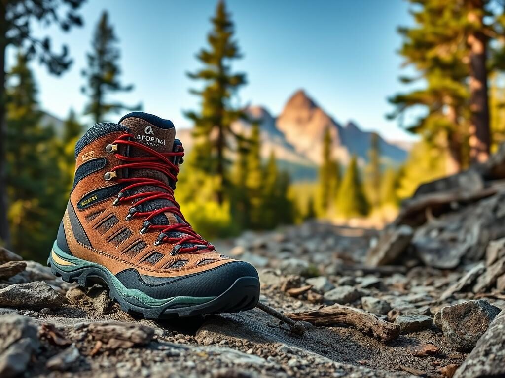 A realistic image of the La Sportiva Ultra Raptor II Mid GTX hiking boots, prominently displayed in the foreground on a rugged rocky terrain. The boots are shown in a close-up view, highlighting their vibrant colors, textured material, and intricate design features, such as the lacing system and tread patterns. The middle ground features a lush forest trail with dappled sunlight filtering through the trees, creating an inviting hiking environment. In the background, soft-focus mountains rise against a clear blue sky, enhancing the adventurous mood. The lighting is warm and natural, capturing the essence of outdoor exploration. The image is taken from a low angle to emphasize the durability and performance of the boots, conveying a spirit of adventure and readiness for hiking challenges. A realistic image of the La Sportiva Ultra Raptor II Mid GTX hiking boots, prominently displayed in the foreground on a rugged rocky terrain. The boots are shown in a close-up view, highlighting their vibrant colors, textured material, and intricate design features, such as the lacing system and tread patterns. The middle ground features a lush forest trail with dappled sunlight filtering through the trees, creating an inviting hiking environment. In the background, soft-focus mountains rise against a clear blue sky, enhancing the adventurous mood. The lighting is warm and natural, capturing the essence of outdoor exploration. The image is taken from a low angle to emphasize the durability and performance of the boots, conveying a spirit of adventure and readiness for hiking challenges.