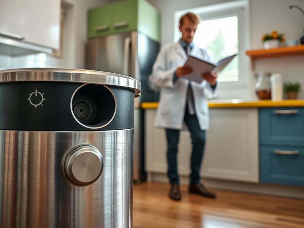 A realistic kitchen setting showcasing a thorough garbage disposal test. In the foreground, a sleek stainless-steel garbage disposal unit is prominently featured, with a close-up view of the power button and waste inlet. In the middle ground, a person in professional attire (such as a lab coat) is examining the disposal unit, holding a clipboard filled with notes and specifications. The background features a bright, modern kitchen with vibrant counter colors and natural light streaming in through a window, creating an inviting atmosphere. The lighting is soft yet clear, illuminating the details of the disposal unit and surrounding appliances. The focus is sharp, emphasizing the intricacies of the garbage disposal while maintaining a clean and organized workspace. The overall mood conveys professionalism and thoroughness in testing home appliances.