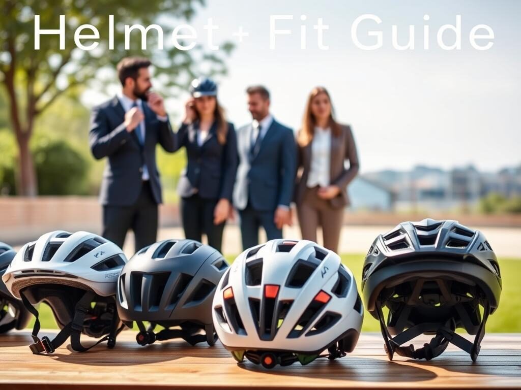 A realistic visual representation of a helmet fit guide. In the foreground, display a variety of well-designed helmets, including road, mountain, and BMX options, each showcasing their unique shapes, padding, and adjustable features. In the middle ground, incorporate a diverse group of individuals in professional business attire, demonstrating how to properly fit and adjust a helmet, emphasizing safety and comfort. The background should depict a serene outdoor environment, suggesting an active lifestyle. Use soft, natural lighting to create a welcoming atmosphere, and employ a shallow depth of field to keep the focus on the helmets while subtly blurring the background. A realistic visual representation of a helmet fit guide. In the foreground, display a variety of well-designed helmets, including road, mountain, and BMX options, each showcasing their unique shapes, padding, and adjustable features. In the middle ground, incorporate a diverse group of individuals in professional business attire, demonstrating how to properly fit and adjust a helmet, emphasizing safety and comfort. The background should depict a serene outdoor environment, suggesting an active lifestyle. Use soft, natural lighting to create a welcoming atmosphere, and employ a shallow depth of field to keep the focus on the helmets while subtly blurring the background.
