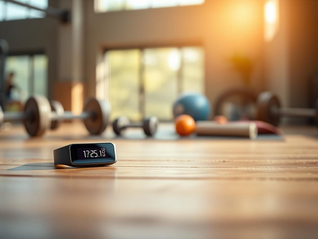 A sleek and modern heart rate sensor lying on a wooden table, showcasing its slim design and vibrant display. The device features a digital screen that prominently displays heart rate readings. In the foreground, the heart rate monitor is angled slightly to highlight its features, with soft natural light illuminating its glossy surface, creating subtle reflections. The middle ground includes a blurred out gym environment with weights and a yoga mat visible, conveying an active lifestyle. In the background, a window lets in warm sunlight, enhancing a fresh and healthy atmosphere. The overall mood is motivational and energetic, ideal for illustrating fitness and wellness. A sleek and modern heart rate sensor lying on a wooden table, showcasing its slim design and vibrant display. The device features a digital screen that prominently displays heart rate readings. In the foreground, the heart rate monitor is angled slightly to highlight its features, with soft natural light illuminating its glossy surface, creating subtle reflections. The middle ground includes a blurred out gym environment with weights and a yoga mat visible, conveying an active lifestyle. In the background, a window lets in warm sunlight, enhancing a fresh and healthy atmosphere. The overall mood is motivational and energetic, ideal for illustrating fitness and wellness.