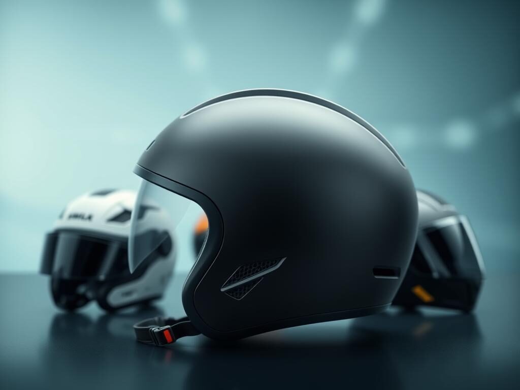 A solid helmet designed for safety and performance, showcasing a sleek, aerodynamic shape with smooth curves and a matte finish. The foreground features a close-up view of the helmet, highlighting its advanced ventilation system and adjustable chin strap. In the middle ground, display various helmets arranged neatly in a way that emphasizes their unique features such as modular designs and vibrant colors. The background includes a subtle blurred gradient that evokes a high-tech environment, enhancing the focus on the helmets. Use soft, even lighting to create a professional look, with a slight reflection on the helmet surface to signify quality. The atmosphere should convey innovation and top-tier safety, fitting for a modern helmet collection. A solid helmet designed for safety and performance, showcasing a sleek, aerodynamic shape with smooth curves and a matte finish. The foreground features a close-up view of the helmet, highlighting its advanced ventilation system and adjustable chin strap. In the middle ground, display various helmets arranged neatly in a way that emphasizes their unique features such as modular designs and vibrant colors. The background includes a subtle blurred gradient that evokes a high-tech environment, enhancing the focus on the helmets. Use soft, even lighting to create a professional look, with a slight reflection on the helmet surface to signify quality. The atmosphere should convey innovation and top-tier safety, fitting for a modern helmet collection.
