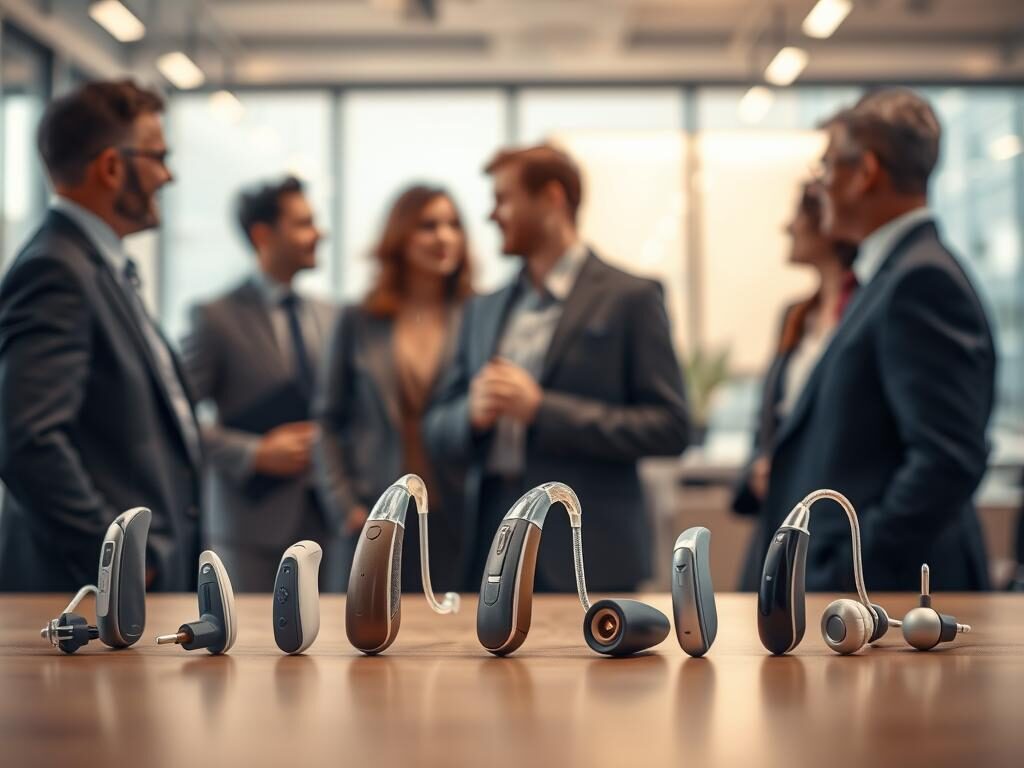 A sophisticated display of various types of hearing aids, showcasing their designs and functionalities. In the foreground, feature a selection of hearing aids: behind-the-ear (BTE), in-the-ear (ITE), and completely-in-canal (CIC), all meticulously detailed with realistic textures and colors. In the middle, a diverse group of people, dressed in professional business attire, is engaged in conversation, demonstrating the use of different hearing aids in everyday settings. The background includes a soft-focus image of an inviting, modern office environment, bathed in warm, natural light. Use a shallow depth of field to highlight the hearing aids and the engaged individuals, creating a sense of intimacy and approachability. The overall mood should be optimistic and informative, reflecting a focus on technology that enhances life and communication.
