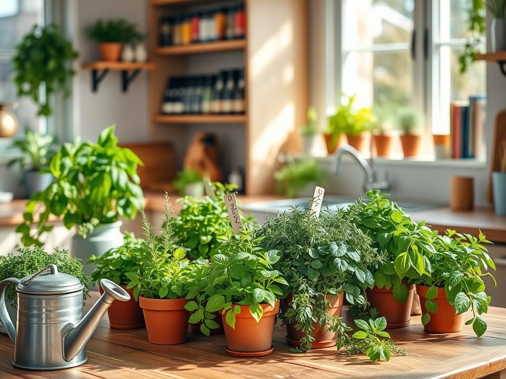 A vibrant kitchen herb garden, showcasing various pots filled with fresh, aromatic herbs such as basil, rosemary, thyme, and mint. In the foreground, a wooden table adorned with gardening tools and a watering can. The middle ground features rich green plants, each labeled with subtle tags, surrounded by natural light filtering through a nearby window, creating a warm, inviting atmosphere. In the background, soft-focus shelves stocked with colorful spices and cooking books add depth. The scene is beautifully lit, resembling a sunlit kitchen, with a cozy, tranquil feeling that inspires culinary creativity. Capture the essence of a bustling yet peaceful home kitchen, emphasizing the importance of fresh herbs in cooking. A vibrant kitchen herb garden, showcasing various pots filled with fresh, aromatic herbs such as basil, rosemary, thyme, and mint. In the foreground, a wooden table adorned with gardening tools and a watering can. The middle ground features rich green plants, each labeled with subtle tags, surrounded by natural light filtering through a nearby window, creating a warm, inviting atmosphere. In the background, soft-focus shelves stocked with colorful spices and cooking books add depth. The scene is beautifully lit, resembling a sunlit kitchen, with a cozy, tranquil feeling that inspires culinary creativity. Capture the essence of a bustling yet peaceful home kitchen, emphasizing the importance of fresh herbs in cooking.