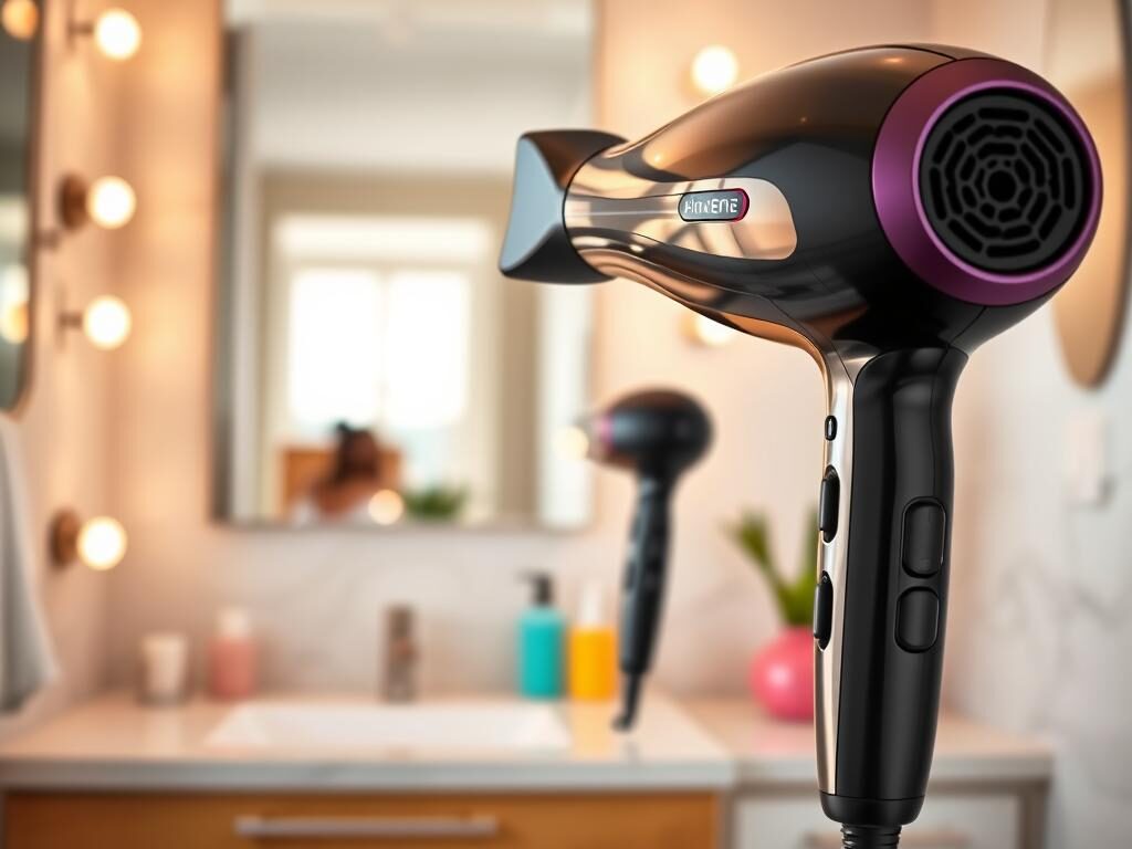 A visually appealing composition featuring a high-quality hair dryer prominently in the foreground, showcasing its sleek design and modern features. The hair dryer should have a shiny, professional finish, with distinct buttons and a powerful nozzle. In the middle ground, include a softly blurred bathroom setting with a stylish mirror and vibrant, neatly arranged hair care products. The background should have warm, natural lighting reflecting off surfaces, creating a welcoming atmosphere. The scene should evoke a sense of luxury yet remain accessible, highlighting the concept of a budget-friendly yet effective hair dryer that promises a fast, shiny blowout. The overall mood should be inviting and fresh, ideal for a beauty enthusiast.