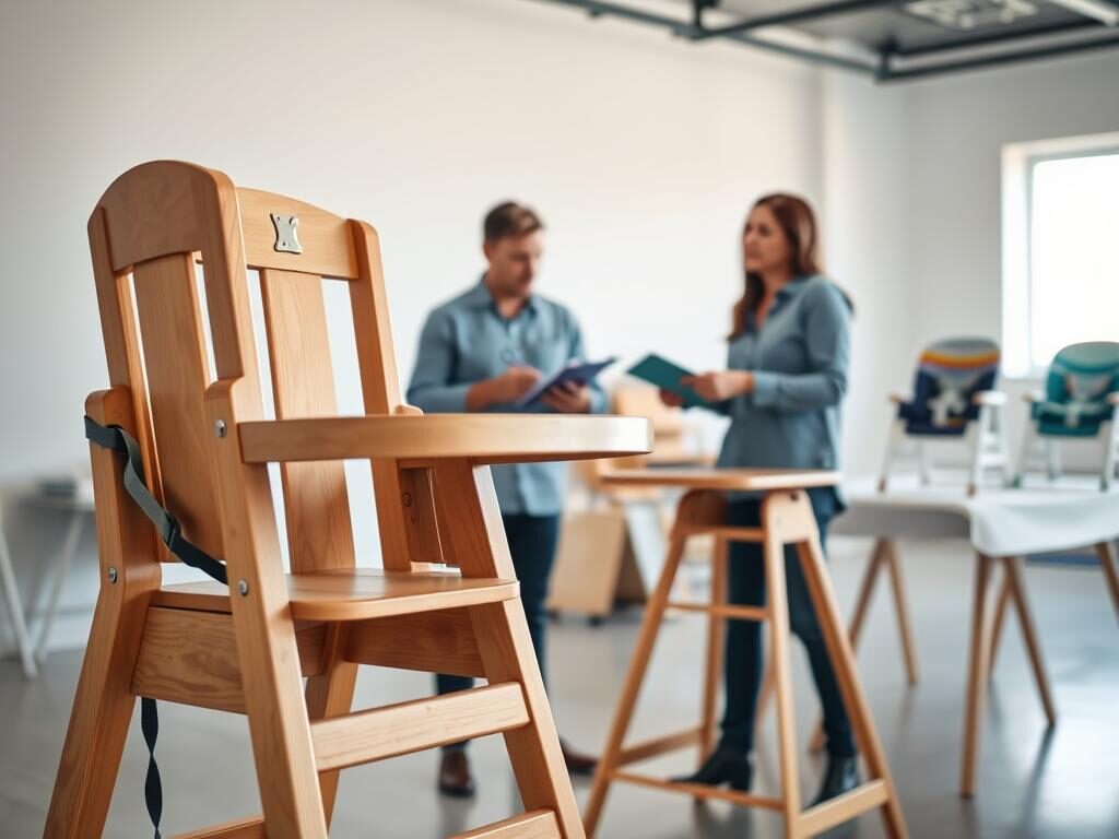 A well-lit, realistic testing environment for high chairs, showcasing a sturdy wooden high chair in the foreground with a safety belt and adjustable tray. In the middle, a professional tester in modest casual attire checks the chair's stability and functionality, using measuring tools and a notebook. The background features a bright, airy room with soft natural light filtering through a window, highlighting additional high chair models placed on a display table. The atmosphere is focused and analytical, emphasizing the thoughtful evaluation process for high chair safety and usability. The image should capture the details of the high chairs, with textures and colors that evoke a sense of quality and trust, framed at an eye-level angle for an inviting perspective.