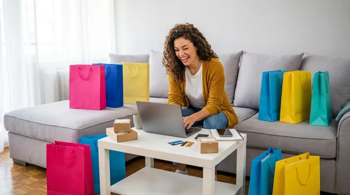 Woman shopping online surrounded by gift bags