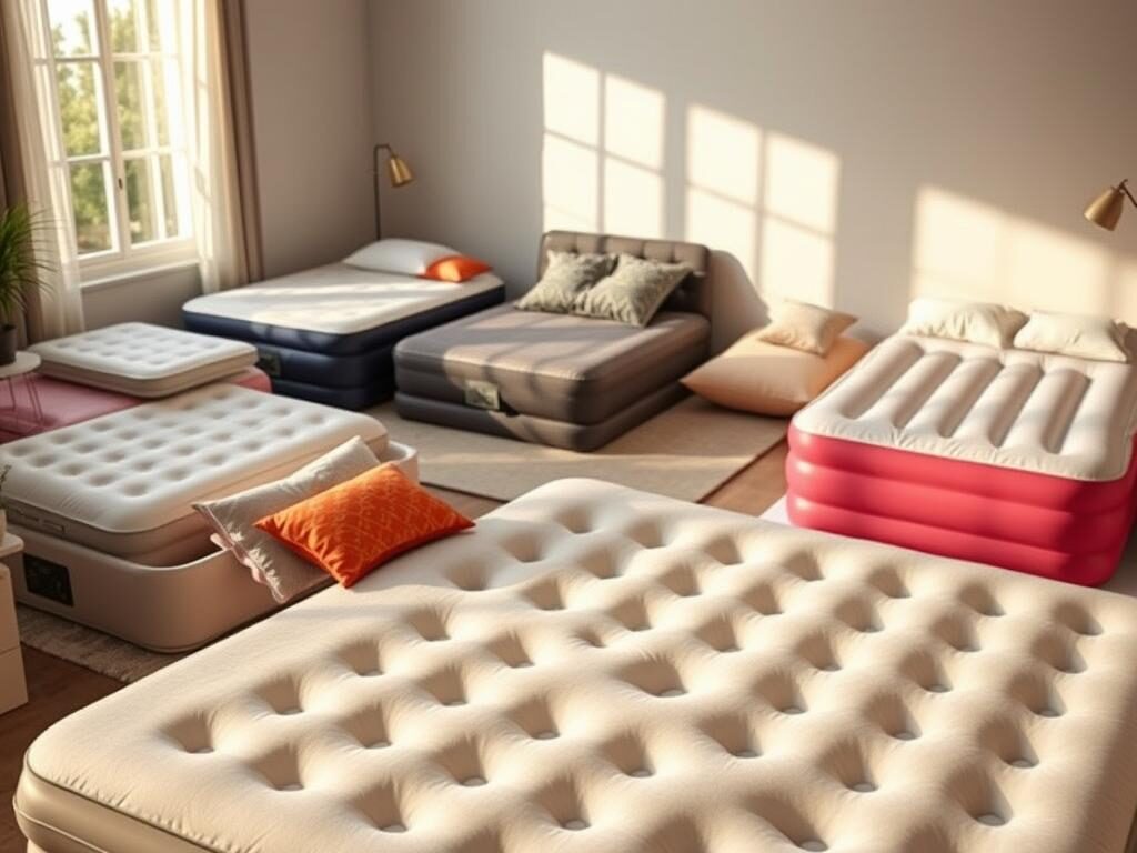 A beautifully arranged collection of various inflatable beds displayed in a cozy, well-lit room. In the foreground, showcase a well-inflated queen-size inflatable bed with a plush, patterned duvet and vibrant pillows, emphasizing comfort. In the middle, include a few diverse inflatable mattresses: a single-sized bed with a sleek design and a double-sized with built-in pillows, both resting on soft rugs. In the background, a warm, inviting ambiance with soft natural light filtering through the window, casting gentle shadows. The room features calming colors with minimalist decor to evoke a sense of relaxation. Capture the scene from a slightly elevated angle to highlight the beds and the overall space, creating an atmosphere that conveys tranquility and comfort.