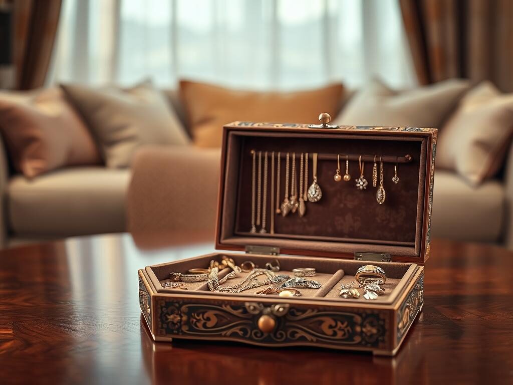 A beautifully arranged decorative jewelry storage box on a polished wooden surface, featuring intricate designs and a velvet lining. In the foreground, the box is partially open, showcasing elegant necklaces, shimmering earrings, and assorted rings neatly displayed. The middle layer includes soft, diffused lighting that casts gentle shadows, enhancing the luxurious textures of the jewelry and the box. In the background, a softly blurred, cozy room setting with warm tones creates an inviting atmosphere. The overall mood is elegant and refined, emphasizing the beauty and organization of jewelry storage. The image is captured at a slight angle to highlight the details of both the box and its contents, without any text or watermarks.