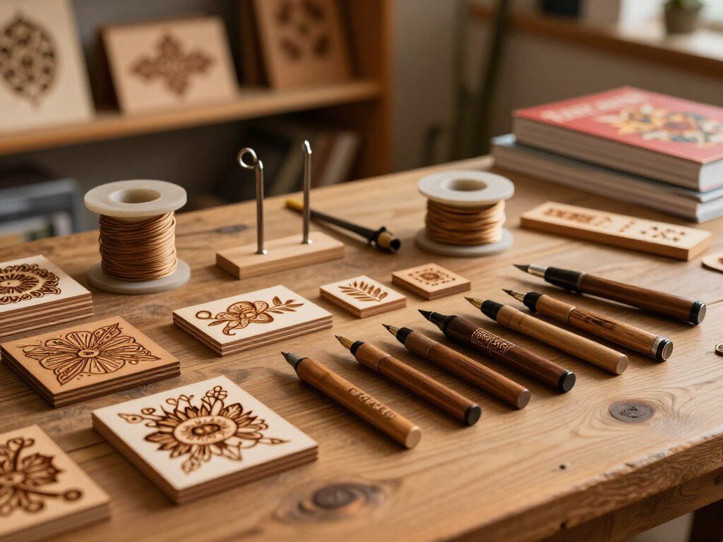 A beautifully arranged display of pyrography tools on a rustic wooden table. In the foreground, a variety of wood burning pens with interchangeable tips, showcasing intricate designs etched onto small wooden pieces. A few pieces of decorated wood featuring detailed patterns and illustrations lie beside the tools. In the middle ground, a soldering iron stand and spools of wood-burning wire add depth to the scene. The background includes soft-focused shelves filled with wooden art pieces and pyrography books. The lighting is warm and inviting, casting gentle shadows to create depth, reminiscent of a cozy workshop. The overall atmosphere is artistic and inspiring, perfect for conveying the creative essence of pyrography.
