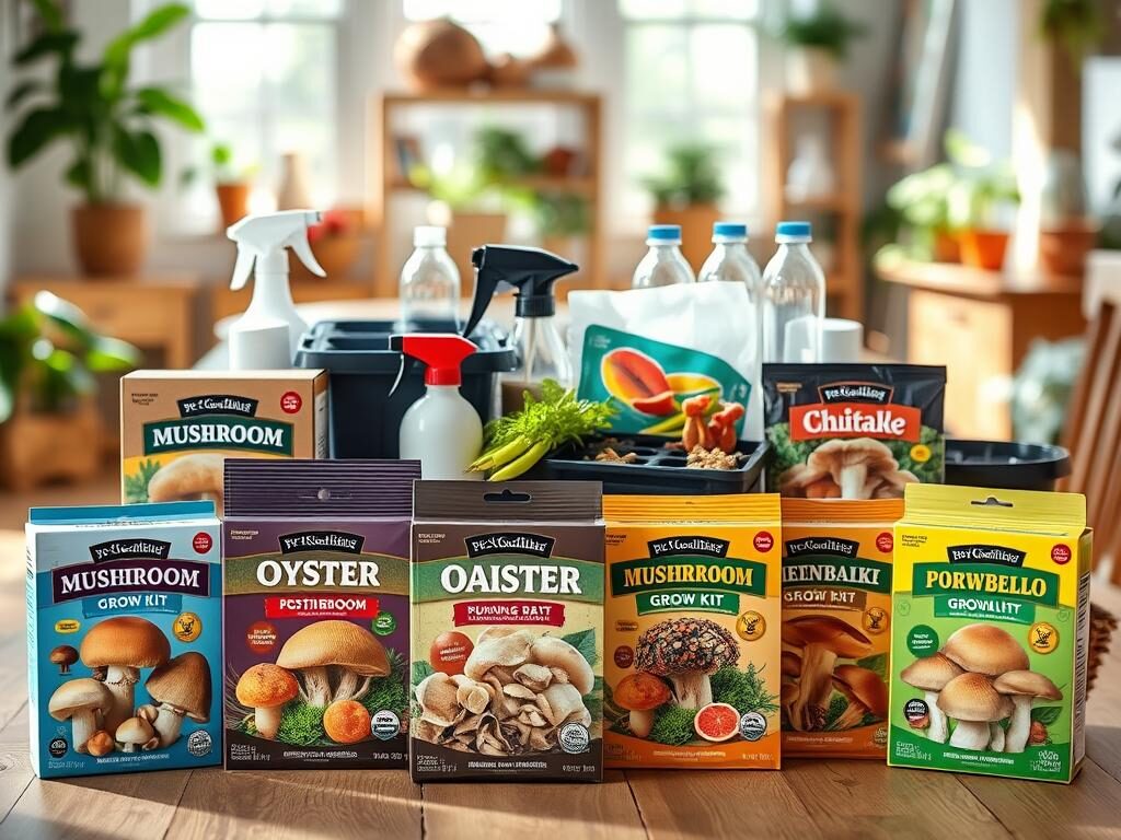 A beautifully arranged display of top mushroom grow kits, featuring various kits in vibrant, colorful packaging. In the foreground, a selection of grow kits showcases different types of mushrooms, such as shiitake, oyster, and portobello, with clear labels and enticing visuals of the mushrooms themselves. The middle ground includes tools for mushroom cultivation, like spray bottles and growing trays. The background features a cozy home setting with natural light streaming through a window, creating a warm and inviting atmosphere. This image should have a soft focus and a slight depth of field to emphasize the grow kits while maintaining an inviting, organic ambiance, perfect for home gardening enthusiasts in the United States.