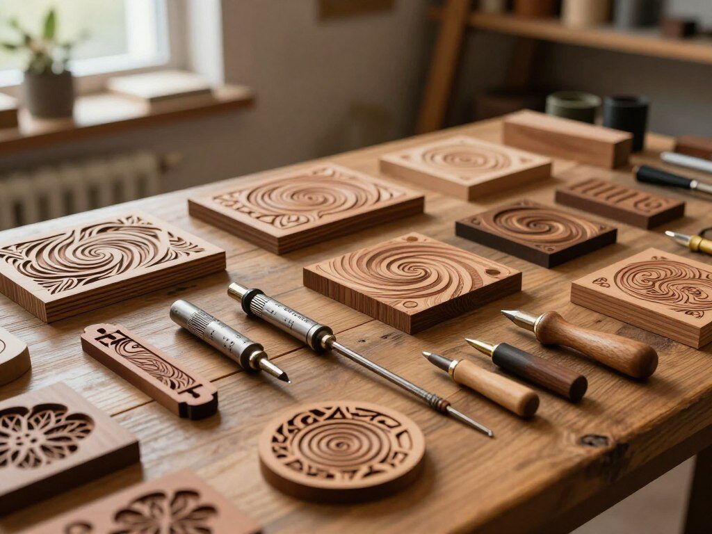 A beautifully arranged flat lay of various wood burning kits, strategically placed on a rustic wooden table. In the foreground, display a selection of soldering-type wood burning tools, including various tips and accessories, all artfully showcased with intricate wood designs and finished pieces creating stunning visual interest. The middle ground features several wooden surfaces with swirling, unique patterns from various projects, showcasing both beginner and advanced techniques. In the background, softly blurred, add an inviting workshop atmosphere with warm, ambient lighting coming through a nearby window, emphasizing a creative and cozy feeling. Capture the essence of craftsmanship and creativity that appeals to wood burning enthusiasts at any skill level.