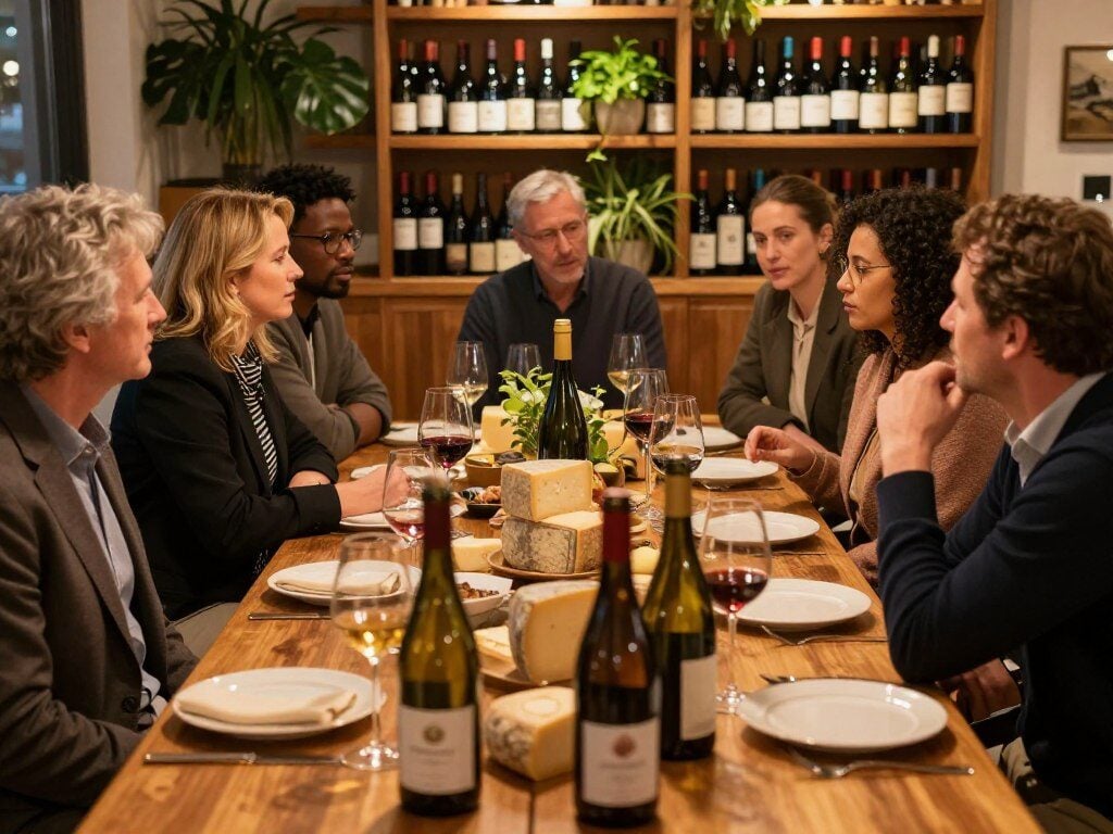 A beautifully arranged wine club setting, showcasing an elegant wooden table laden with an assortment of fine wines and artisanal cheese. In the foreground, a variety of wine bottles with distinct labels and glasses half-filled, glistening in soft golden light. The middle ground features a group of diverse adults aged 30-50, dressed in smart casual attire, engaged in an animated discussion over their selections. They are surrounded by a backdrop of rustic wooden shelves filled with more wine bottles and lush green plants, creating a warm and inviting atmosphere. The lighting is warm and inviting, simulating a cozy evening ambiance, shot from a slightly elevated angle to capture the entire scene effectively.