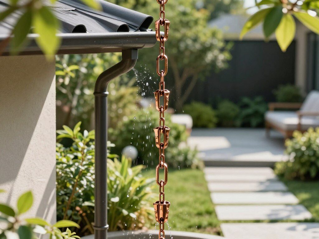 A beautifully designed rain chain made of polished copper, gracefully cascading from a stylish, modern gutter. In the foreground, focus on the intricate link designs that reflect sunlight, showcasing the craftsmanship and functionality. The middle section reveals the chain in action, with glistening drops of water flowing down, creating a harmonious motion. The background features a contemporary garden with vibrant green foliage and a sleek stone pathway, adding to the curb appeal. Soft, natural sunlight filters through the leaves, casting gentle shadows and enhancing the overall serenity of the scene. The mood is tranquil and inviting, perfect for illustrating modern outdoor aesthetics and effective runoff control.