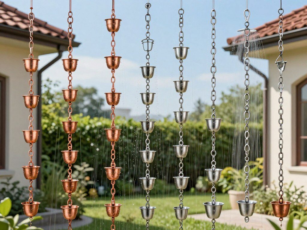 A beautifully organized rain chain selection guide, showcasing various styles and materials of rain chains. In the foreground, display a variety of intricately designed rain chains made from copper, aluminum, and stainless steel, each elegantly suspended from detailed roof and gutter designs. The middle ground features a serene garden setting with lush greenery, accentuating the aesthetic appeal of the rain chains. In the background, a clear blue sky with soft, diffused sunlight enhances the overall brightness of the scene. Capture the image with a slightly elevated angle to emphasize the rain chains' elegance, ensuring every detail is visible. The mood is inviting and informative, ideal for homeowners considering rain chain options for their roofing styles.