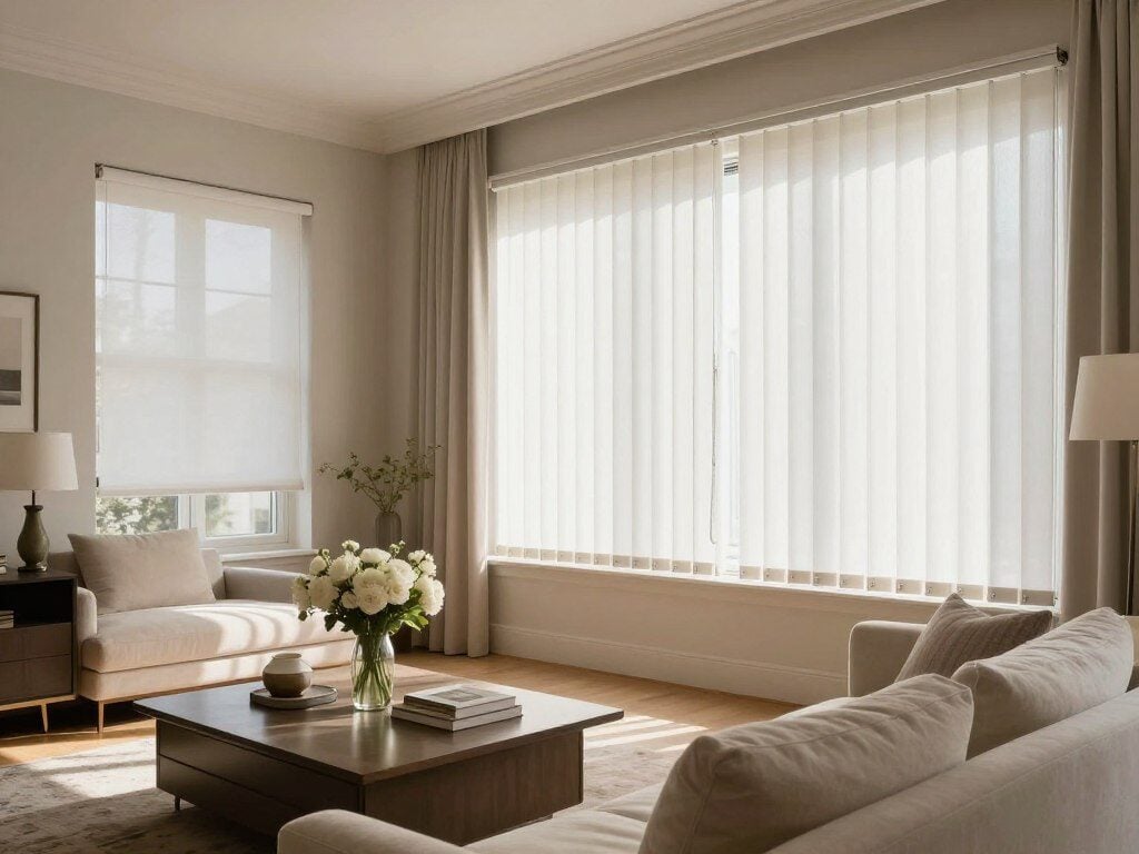 A beautifully styled living room featuring elegant window treatments, showcasing a variety of modern window blinds. In the foreground, a large window adorned with sleek vertical blinds in a soft white tone, letting in natural light that casts gentle shadows on a cozy, plush sofa. In the middle ground, a coffee table with decorative items, such as a fresh vase of flowers and design books, adds a touch of sophistication. In the background, sunlight streams through the window, illuminating sheer fabric curtains that complement the blinds. The atmosphere is serene and inviting, with warm tones and a balanced composition. The scene is captured with a soft focus, using a wide-angle lens to emphasize the space and depth. A beautifully styled living room featuring elegant window treatments, showcasing a variety of modern window blinds. In the foreground, a large window adorned with sleek vertical blinds in a soft white tone, letting in natural light that casts gentle shadows on a cozy, plush sofa. In the middle ground, a coffee table with decorative items, such as a fresh vase of flowers and design books, adds a touch of sophistication. In the background, sunlight streams through the window, illuminating sheer fabric curtains that complement the blinds. The atmosphere is serene and inviting, with warm tones and a balanced composition. The scene is captured with a soft focus, using a wide-angle lens to emphasize the space and depth.