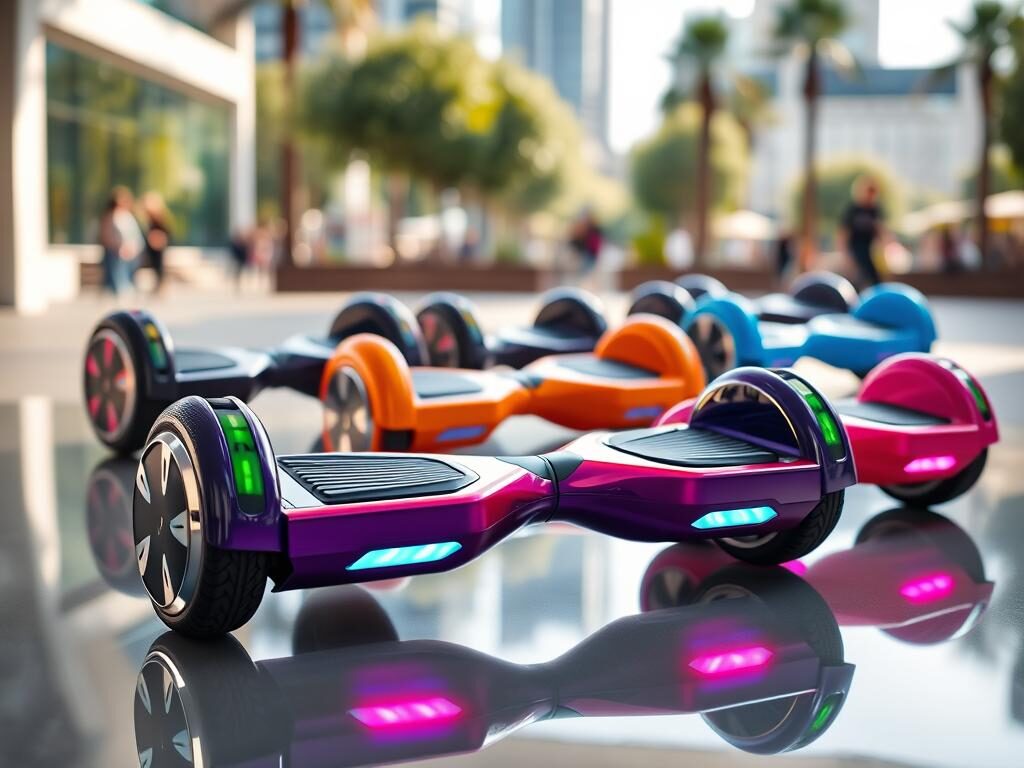 A bright, modern display featuring an array of hoverboards arranged on a sleek, reflective surface. The foreground showcases three distinct hoverboard models in various vibrant colors, emphasizing their futuristic designs with smooth lines and LED lights. In the middle, blurred but distinguishable, are additional hoverboards lined up that give a sense of variety and choice. The background consists of a soft-focus urban environment, hinting at a lively park or plaza to evoke an adventurous spirit. Natural daylight pours in from the left, casting gentle shadows and highlighting the details of the hoverboards. The mood is dynamic and engaging, inviting viewers to explore and learn more about these top models in 2026. The composition should be photographed at a slight angle to create depth. A bright, modern display featuring an array of hoverboards arranged on a sleek, reflective surface. The foreground showcases three distinct hoverboard models in various vibrant colors, emphasizing their futuristic designs with smooth lines and LED lights. In the middle, blurred but distinguishable, are additional hoverboards lined up that give a sense of variety and choice. The background consists of a soft-focus urban environment, hinting at a lively park or plaza to evoke an adventurous spirit. Natural daylight pours in from the left, casting gentle shadows and highlighting the details of the hoverboards. The mood is dynamic and engaging, inviting viewers to explore and learn more about these top models in 2026. The composition should be photographed at a slight angle to create depth.