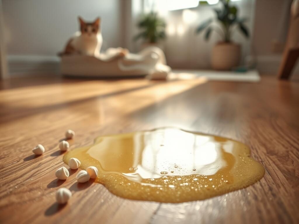 A close-up image showcasing a puddle of cat urine on a wooden floor, capturing the glistening texture and subtle yellow hue of the liquid. In the foreground, include a few cat litter pellets scattered around, giving context to the situation. The middle background features a soft-focus cat bed and a playful cat peeking around, hinting at the source of the odor. In the far background, there’s a plant and a glimpse of sunlight streaming through a window, creating a natural, warm atmosphere. The lighting is bright yet soft, emphasizing the shine of the urine while maintaining a clean, inviting home environment. The overall mood should evoke concern yet a sense of everyday normalcy in pet ownership.