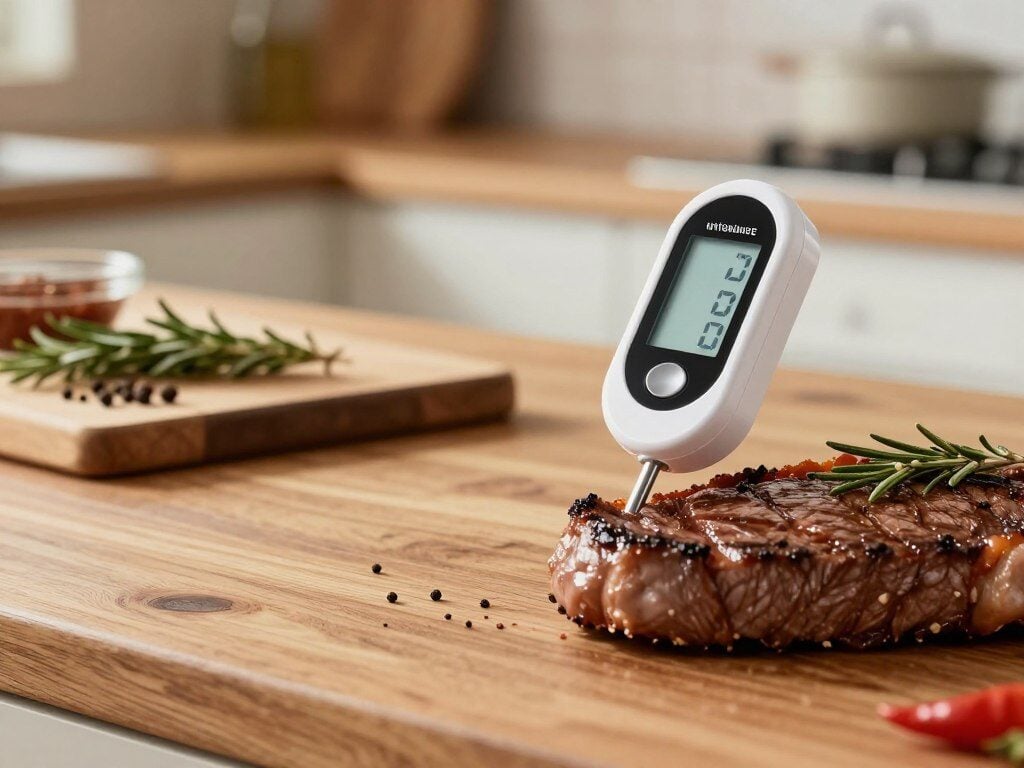 A close-up shot of a modern wireless meat thermometer with a sleek digital display, set on a rustic wooden kitchen counter. In the foreground, the device's probe is partially inserted into a perfectly cooked steak, showcasing its temperature reading. The middle ground features spices, herbs, and a cutting board, adding a touch of culinary artistry. In the background, softly blurred kitchen appliances hint at a well-equipped cooking environment. Warm, inviting lighting illuminates the scene, emphasizing the precision and importance of temperature control in cooking. A shallow depth of field focuses on the thermometer, creating a sense of professionalism and expertise in culinary success. The mood is both cozy and inspiring, ideal for home chefs striving for perfection.