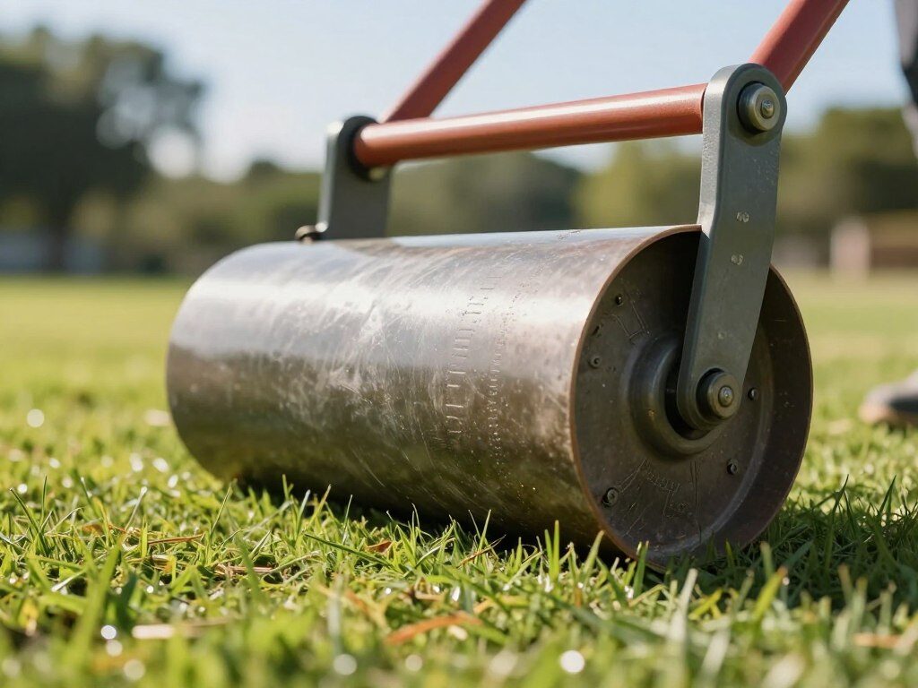 A close-up view of a heavy lawn roller placed on a lush green lawn, showcasing its robust, cylindrical design. The foreground features the lawn roller with visible weight markings and textured surface details that emphasize durability. In the middle ground, the vibrant grass is freshly cut, demonstrating the roller's effect on the lawn. The background includes soft-focus trees and a bright blue sky, creating a serene, sunny atmosphere. Use warm, natural lighting to highlight the roller's metallic finish, with shadows accentuating its shape. The angle should be slightly low, emphasizing the roller and inviting viewers to consider its functionality and robustness. No text or overlays.