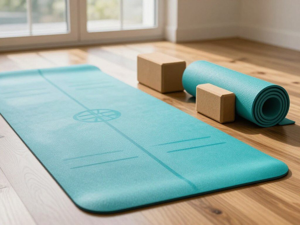 A close-up view of a high-performance grip yoga mat set on a polished wooden floor, showcasing its textured surface designed for optimal traction. The mat is vibrant turquoise with subtle patterns that enhance its aesthetic appeal. In the background, soft natural light streams in through a large window, casting gentle shadows and creating a serene atmosphere. On one side of the mat, a pair of stylish, eco-friendly yoga blocks and a rolled-up mat towel in complementary colors are neatly arranged. The scene captures a sense of tranquility and readiness for practice, highlighting the quality and practicality of the yoga mat. The composition focuses on the mat and accessories, using a slight overhead angle to demonstrate depth and detail.
