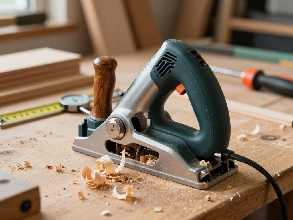 A close-up view of a high-quality electric wood planer on a wooden workbench. The planer shines under bright, natural lighting, highlighting its sleek, metallic body and wooden grip. In the foreground, shavings of freshly planed wood scatter around, showcasing the tool's effectiveness and precision. In the middle ground, a measuring tape and calibration gauge rest beside the planer, suggesting meticulous craftsmanship. The background features a softly blurred workshop environment, with hand tools and wood planks, creating a cozy, industrious atmosphere. The depth of field emphasizes the planer, making it the focal point. Capture this scene from a slightly elevated angle to convey depth and perspective, evoking a sense of professionalism and expertise.