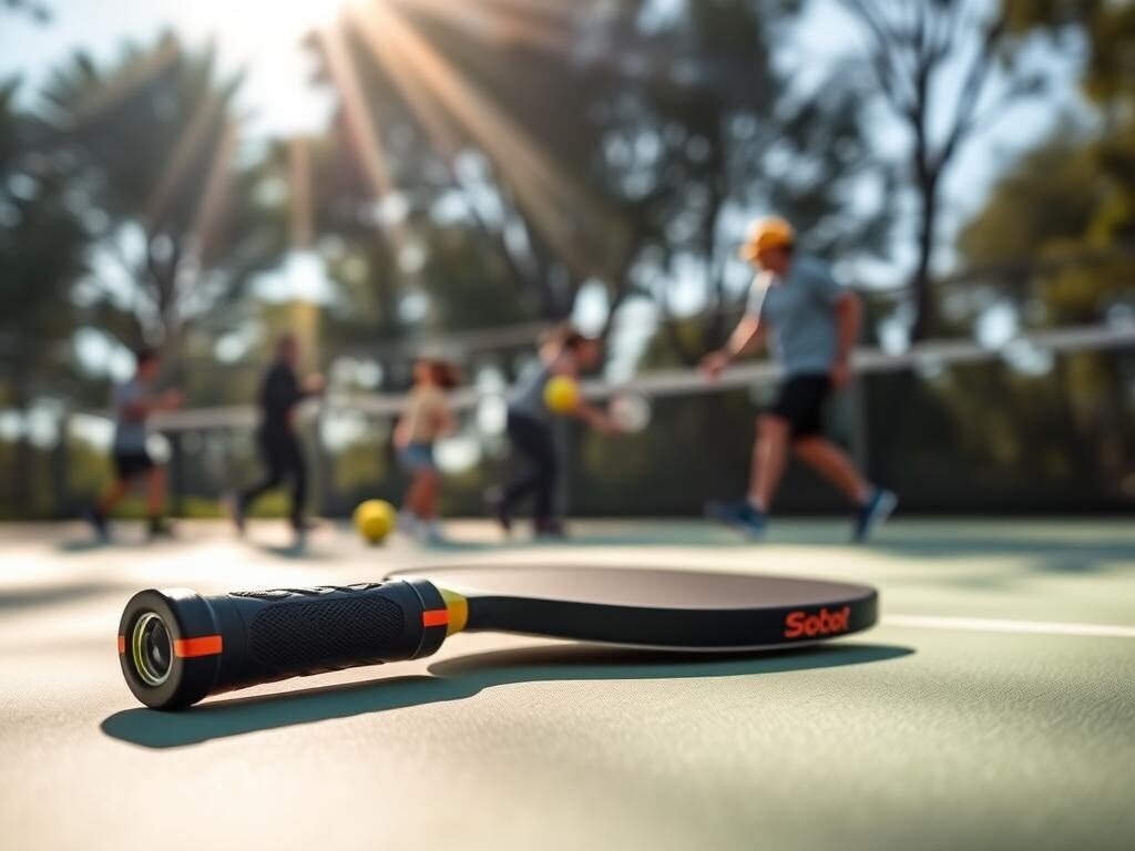 A close-up view of a high-quality pickleball paddle, showcasing its sweet spot consistency, laid against a softly focused outdoor sports court background. The paddle features a sleek design with a textured grip and vibrant color accents, illustrating its advanced material and construction. Sunlight filters through trees, casting a warm glow on the paddle's surface, enhancing its details. In the background, blurry silhouettes of players engaged in a match create a dynamic atmosphere, emphasizing the sport's energy. The composition is shot at an eye-level perspective, with a shallow depth of field to draw attention to the paddle while maintaining an inviting and sporty feel. The overall mood is vibrant and engaging, perfect for showcasing top pickleball equipment.