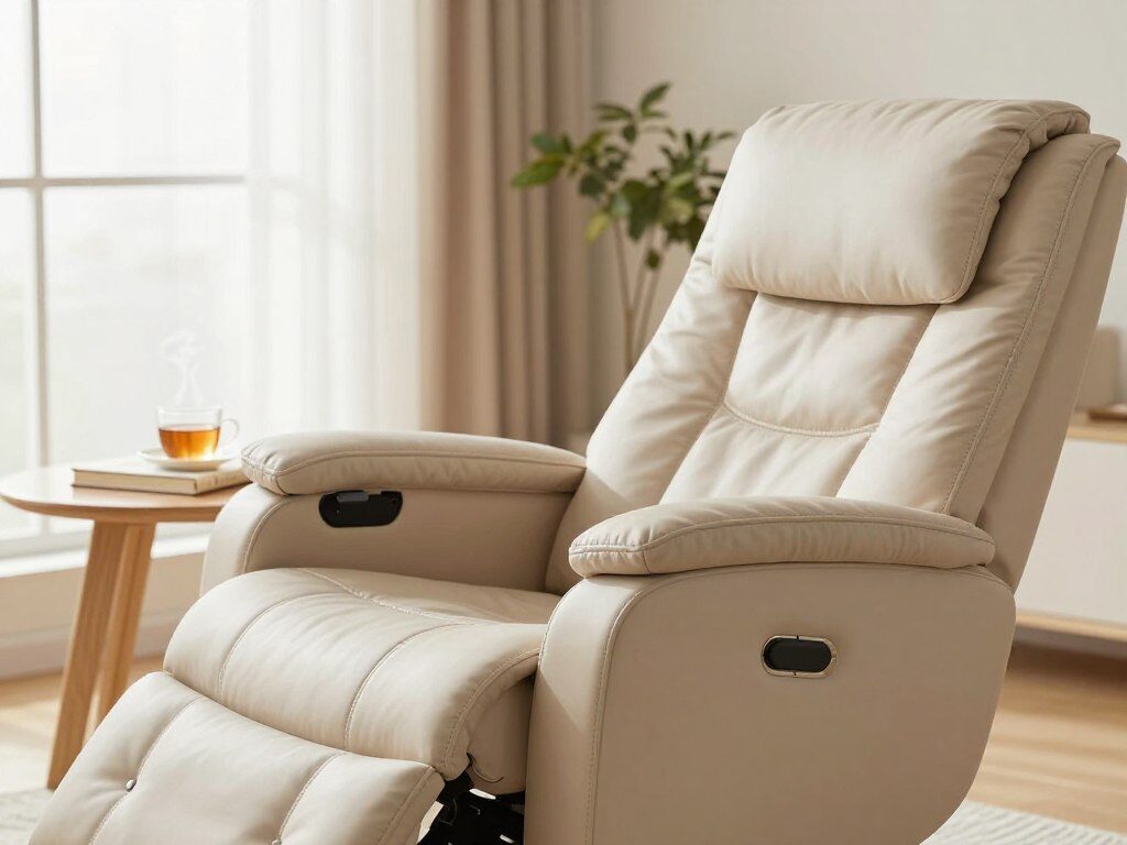 A close-up view of a luxurious zero gravity chair showcasing its key features, such as a reclining mechanism, adjustable headrest, and supportive, ergonomic design. The chair is positioned in a bright, airy room with soft, natural lighting filtering through large windows, creating a warm atmosphere. In the foreground, focus on the soft upholstery and smooth adjusters, emphasizing comfort and style. In the middle ground, include subtle elements like a side table with a book and a steaming cup of tea, suggesting relaxation. The background features a serene indoor plant, enhancing the peaceful environment. The angle of the shot is slightly elevated, allowing for a clear view of the chair’s functionality without any distractions from text or logos.