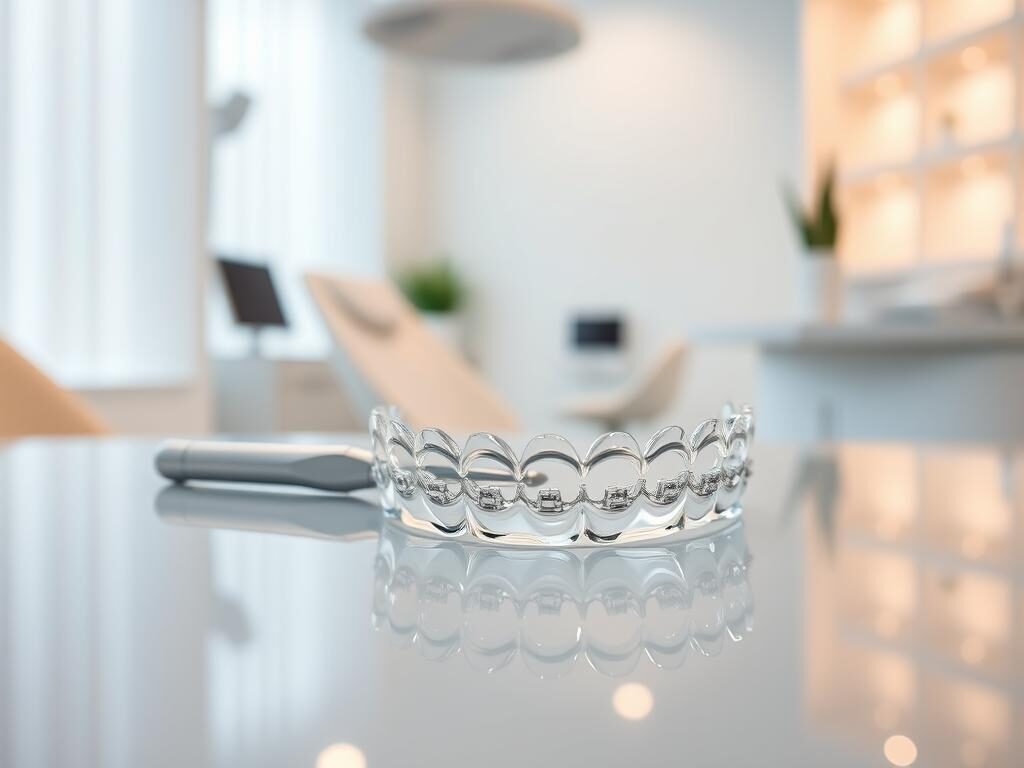A close-up view of a set of transparent, invisible braces resting on a sleek, reflective surface, showcasing their subtle design. In the foreground, the braces are glistening under soft, diffused lighting, highlighting their clarity and contours. In the middle ground, a pair of orthodontic tools can be subtly placed beside the braces, emphasizing their dental context. The background is softly blurred, featuring a minimalistic dental clinic environment with light pastel colors and modern decor, creating a calm and professional atmosphere. The overall mood conveys trust and innovation, ideal for a consumer-friendly understanding of invisible braces. Capture this scene with a realistic lens effect to enhance detail and depth. A close-up view of a set of transparent, invisible braces resting on a sleek, reflective surface, showcasing their subtle design. In the foreground, the braces are glistening under soft, diffused lighting, highlighting their clarity and contours. In the middle ground, a pair of orthodontic tools can be subtly placed beside the braces, emphasizing their dental context. The background is softly blurred, featuring a minimalistic dental clinic environment with light pastel colors and modern decor, creating a calm and professional atmosphere. The overall mood conveys trust and innovation, ideal for a consumer-friendly understanding of invisible braces. Capture this scene with a realistic lens effect to enhance detail and depth.