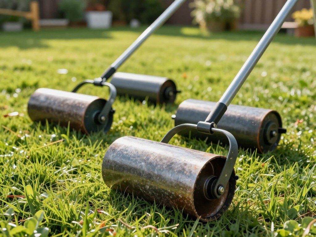 A close-up view of a variety of lawn rollers arranged in a well-manicured grassy field. In the foreground, there's a robust metal lawn roller with a glossy finish, showcasing its heavy-duty construction and textured surface. The middle ground features two different types of lawn rollers—one cylindrical and one rectangular—highlighting their unique designs. Behind them, a sunlight-dappled lawn stretches out, with vibrant green grass and a few scattered garden tools, creating a natural, outdoor atmosphere. The scene is bathed in warm, natural lighting, enhancing the textures of the rollers and the richness of the grass. The image conveys a sense of care and pride in lawn maintenance, ideal for illustrating the benefits of lawn rollers.