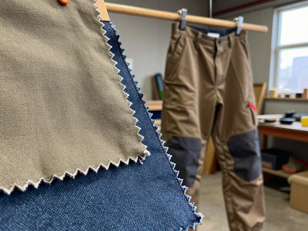 A close-up view of various durable materials that highlight their textures and qualities, such as heavy-duty canvas, rugged nylon, and reinforced denim. In the foreground, showcase swatches of these fabrics, perfectly arranged with their edges frayed, indicating their strength. In the middle ground, feature a pair of strong work pants made from these materials, hanging on a sturdy wooden peg against a backdrop of a well-lit workshop. Natural light filters in through a nearby window, casting soft shadows that accentuate the fabrics' detailed stitching. The atmosphere is industrious and professional, evoking a sense of reliability and resilience, perfect for illustrating the concept of maximum durability in workwear materials.
