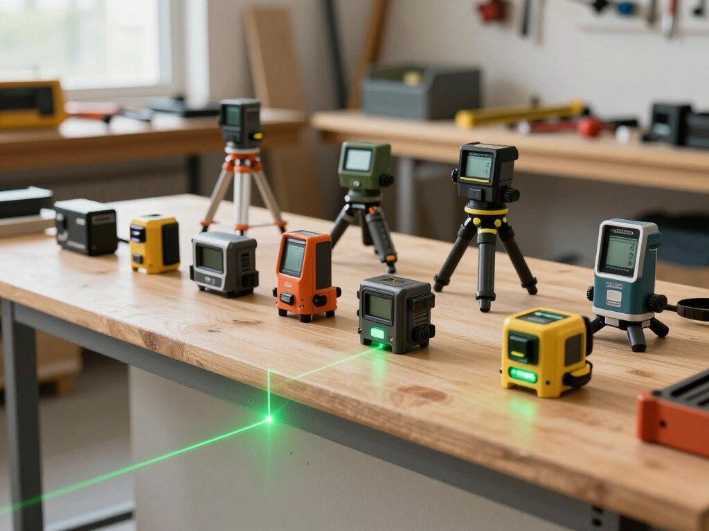 A collection of high-quality laser levels arranged on a wooden workbench, showcasing different models and features. The foreground displays a bright green laser beam projecting a straight line across a wall, emphasizing precision and accuracy. In the middle, the various laser levels, with sleek designs, are positioned at different angles for visibility, some with adjustable tripods and clear digital displays. The background features a well-lit workshop filled with essential tools and materials, creating an inviting and professional atmosphere. Soft, natural lighting from a nearby window illuminates the scene, highlighting the functionality of the tools, while a shallow depth of field focuses on the laser levels, adding depth to the composition.