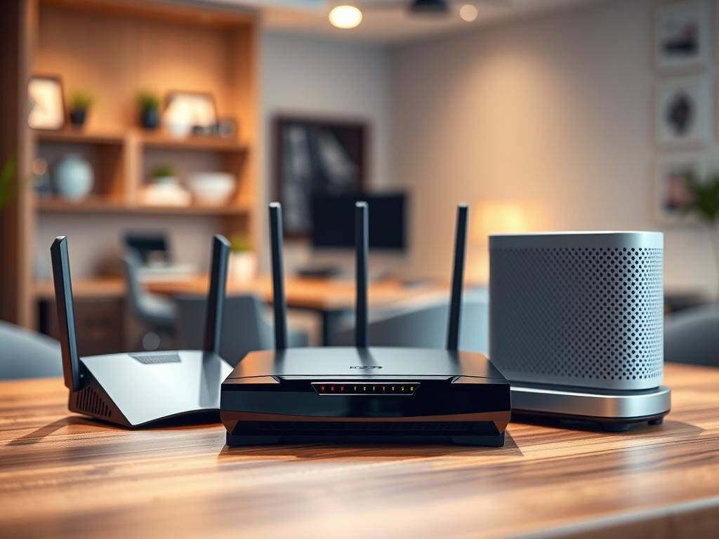 A collection of high-tech internet routers displayed on a sleek, modern wooden desk. The foreground features three distinct router designs: a compact, angular model with LED lights, a larger, rectangular device with antennas, and a mesh Wi-Fi system unit, all showcasing unique shapes and textures. In the middle, a subtle bokeh effect emphasizes the routers while soft, diffused lighting highlights their glossy surfaces. The background includes a blurred view of a contemporary home office with a slight hint of abstract digital elements, evoking a tech-savvy atmosphere. The overall mood is professional and cutting-edge, suggesting advanced technology and connectivity in everyday life. Suitable for a tech-oriented article, the image conveys clarity and sophistication without any text or distractions. A collection of high-tech internet routers displayed on a sleek, modern wooden desk. The foreground features three distinct router designs: a compact, angular model with LED lights, a larger, rectangular device with antennas, and a mesh Wi-Fi system unit, all showcasing unique shapes and textures. In the middle, a subtle bokeh effect emphasizes the routers while soft, diffused lighting highlights their glossy surfaces. The background includes a blurred view of a contemporary home office with a slight hint of abstract digital elements, evoking a tech-savvy atmosphere. The overall mood is professional and cutting-edge, suggesting advanced technology and connectivity in everyday life. Suitable for a tech-oriented article, the image conveys clarity and sophistication without any text or distractions.