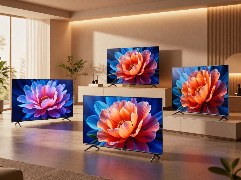 A collection of the best LED 55-Inch TVs displayed elegantly in a modern living room setting. In the foreground, focus on three distinct LED TVs, featuring sleek designs with ultra-thin bezels and vibrant screens showcasing high-resolution images. The middle layer includes a stylish media console with decorative elements like plants and books, enhancing the ambiance. In the background, the room features warm ambient lighting, with soft natural light filtering through large windows, creating a welcoming atmosphere. The scene should convey a sense of modern luxury and innovation, emphasizing high-quality visuals and sophistication. Use a wide-angle lens to capture the entire setup, highlighting the TVs’ immersive screens without any text or branding.