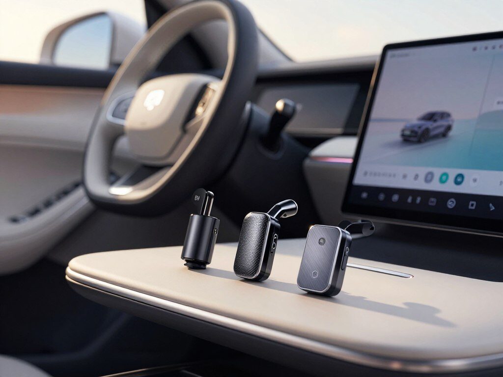A collection of the latest compact wireless CarPlay adapters displayed on a sleek, minimalist car dashboard. The foreground features three stylish, small adapters—each unique in design and texture—arranged next to a state-of-the-art touchscreen display. The middle ground captures the streamlined dashboard with soft, ambient lighting that highlights the adapters, creating a modern, high-tech feel. In the background, a blurred view of the car's interior showcases elegant materials like leather and brushed metal, emphasizing a luxurious yet uncluttered space. Soft natural light filters in from a nearby window, casting gentle shadows and creating an inviting atmosphere. The lens captures the scene with a shallow depth of field, focusing on the adapters while keeping the overall look clean and professional.