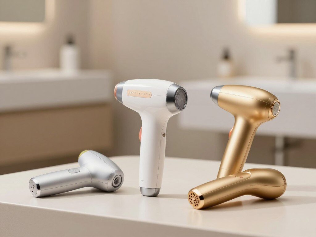 A collection of the top laser hair removal devices meticulously arranged on a sleek, modern surface. The foreground features three prominent devices, each with distinct designs: a sleek, futuristic laser hair remover in silver with LED indicators, a compact, handheld model in a glossy white finish, and an elegant golden unit with ergonomic contours. In the middle ground, include a soft light that highlights the products, casting gentle shadows that add depth. The background is a softly blurred contemporary bathroom setting, featuring neutral tones and soft textures to evoke a sense of tranquility and cleanliness. The lighting is bright yet diffused, creating an inviting atmosphere. Ensure that there are no people in the image, focusing solely on the products.