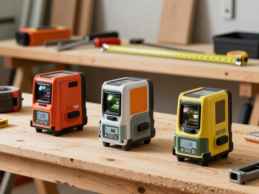 A collection of top-rated laser levels displayed on a wooden workbench in a well-lit workshop environment. In the foreground, three professional-grade laser levels are positioned at varying angles, showcasing their sleek, robust designs and user-friendly interfaces. The middle layer features a backdrop of construction tools and measuring tapes, enhancing the theme of precision and professionalism. Soft, natural lighting illuminates the scene, emphasizing the vibrant colors of the laser levels, while creating subtle shadows that add depth. The atmosphere is one of efficiency and expertise, suggesting a workshop ready for a high-quality construction project. The lens is focused on the products to capture intricate details, with a shallow depth of field to blur the edges and maintain attention on the laser levels.