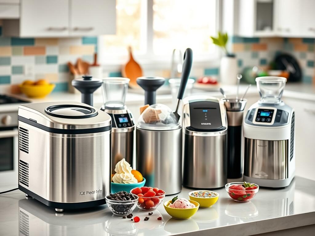 A collection of various ice cream makers displayed on a sleek, modern kitchen countertop in a bright and inviting kitchen