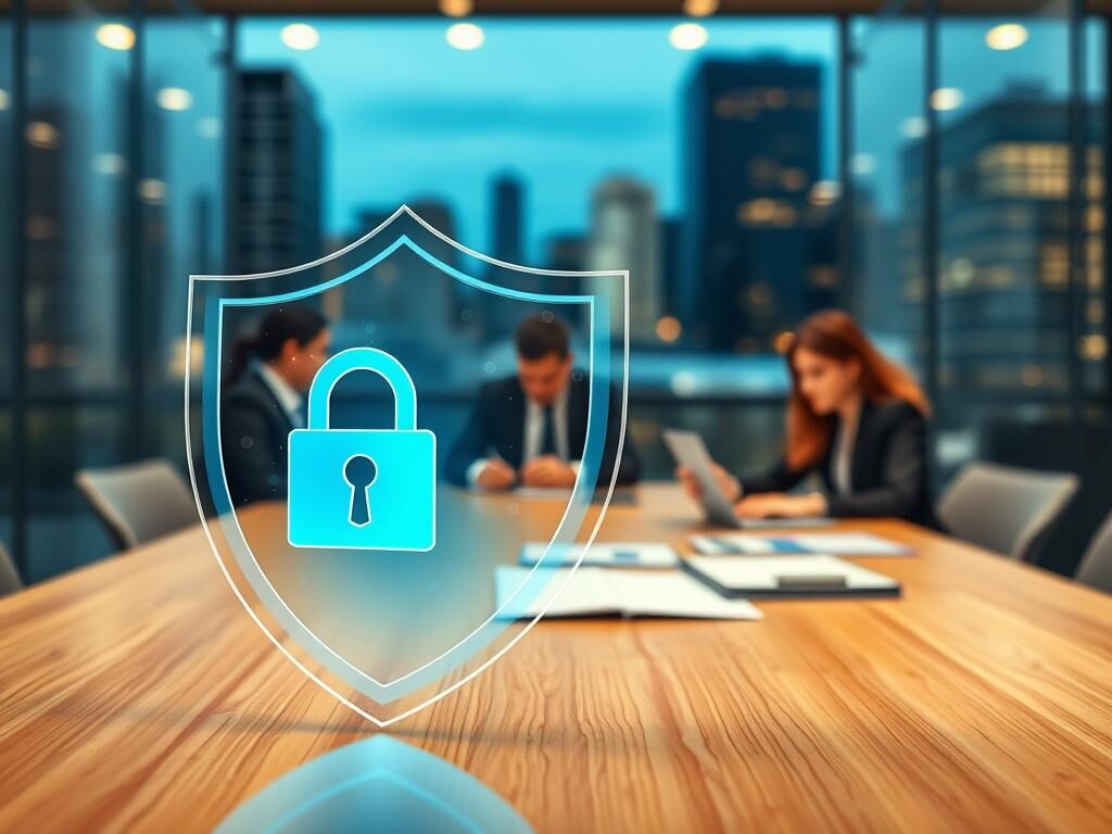 A conceptual representation of identity theft protection, showcasing a shield symbolizing safety in the foreground, with a digital lock overlay suggesting cybersecurity. In the middle ground, a diverse group of professionals dressed in business attire discusses identity theft with laptops and secure documents on a conference table. The background features a blurred cityscape, suggesting a modern corporate environment, bathed in soft, warm lighting to create a sense of urgency and awareness. The scene conveys a serious yet hopeful atmosphere, highlighting the importance of protection services. Use a wide-angle perspective to capture the entire composition, focusing on clarity and depth. A conceptual representation of identity theft protection, showcasing a shield symbolizing safety in the foreground, with a digital lock overlay suggesting cybersecurity. In the middle ground, a diverse group of professionals dressed in business attire discusses identity theft with laptops and secure documents on a conference table. The background features a blurred cityscape, suggesting a modern corporate environment, bathed in soft, warm lighting to create a sense of urgency and awareness. The scene conveys a serious yet hopeful atmosphere, highlighting the importance of protection services. Use a wide-angle perspective to capture the entire composition, focusing on clarity and depth.