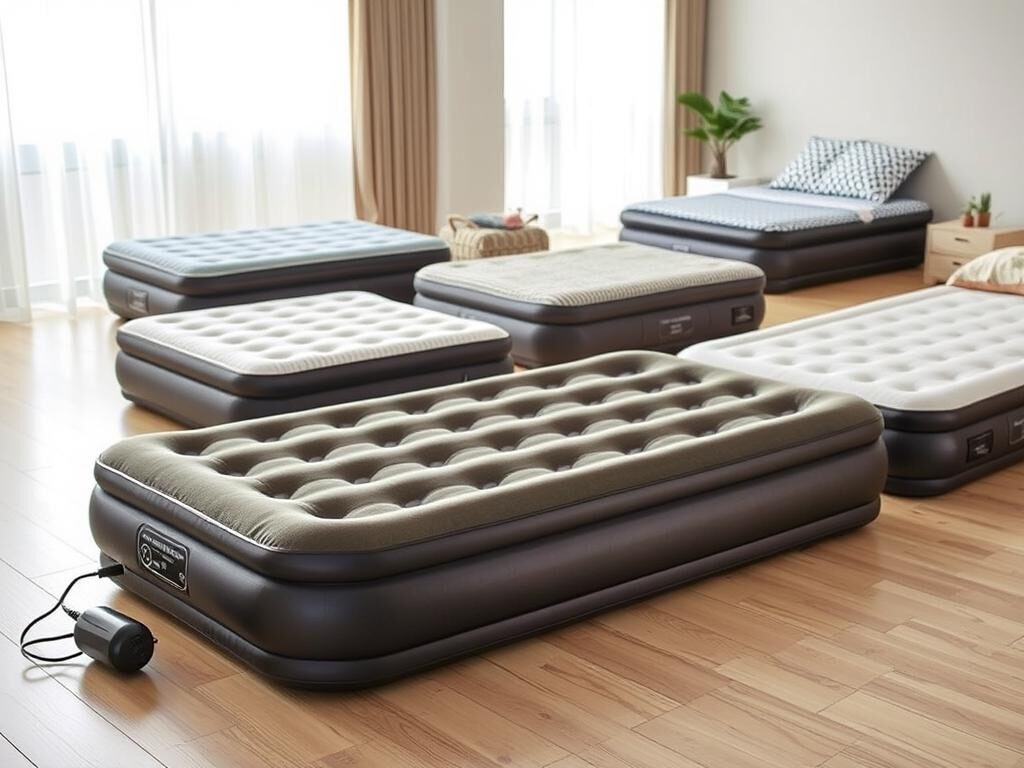 A contemporary display of the top inflatable beds of 2026, featuring five different models arranged harmoniously on a clean, softly lit wooden floor. The foreground highlights a plush air mattress with a built-in pump, showcasing its fabric texture and inflated design. In the middle ground, two additional beds exhibit varying heights and styles, with one bed featuring a stylish patterned design and the other a classic plain color. The background subtly features a modern, airy bedroom setting with soft natural light filtering through sheer curtains, creating an inviting atmosphere. The overall mood is cozy and relaxing, ideal for showcasing comfort and innovation in portable bedding solutions, captured with a wide-angle lens for clarity and detail.