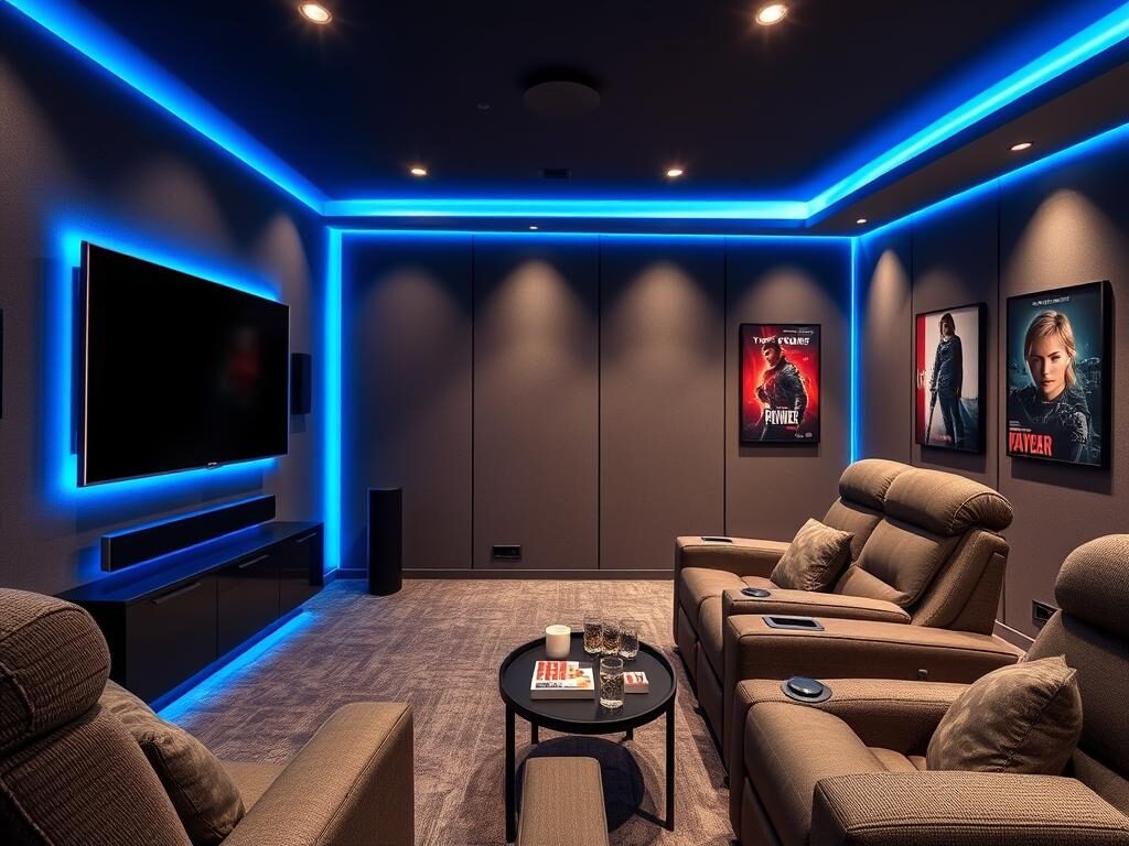 A cozy, modern home theater room featuring an advanced home theater system. In the foreground, a sleek, high-definition television mounted on a wall, with a stylish soundbar directly beneath it. Surrounding the TV, a combination of ambient LED lighting in a deep blue hue enhances the cinematic feel. In the middle ground, plush seating arrangements with rich fabric, featuring recliner chairs and a small coffee table with snacks and drinks create an inviting atmosphere. The background shows tasteful acoustic panels and movie posters, setting a movie-loving mood. Use soft, diffused lighting to emphasize comfort and technology in the scene. Capture the essence of home entertainment, perfect for relaxing movie nights or gaming sessions, in a wide-angle perspective. A cozy, modern home theater room featuring an advanced home theater system. In the foreground, a sleek, high-definition television mounted on a wall, with a stylish soundbar directly beneath it. Surrounding the TV, a combination of ambient LED lighting in a deep blue hue enhances the cinematic feel. In the middle ground, plush seating arrangements with rich fabric, featuring recliner chairs and a small coffee table with snacks and drinks create an inviting atmosphere. The background shows tasteful acoustic panels and movie posters, setting a movie-loving mood. Use soft, diffused lighting to emphasize comfort and technology in the scene. Capture the essence of home entertainment, perfect for relaxing movie nights or gaming sessions, in a wide-angle perspective.