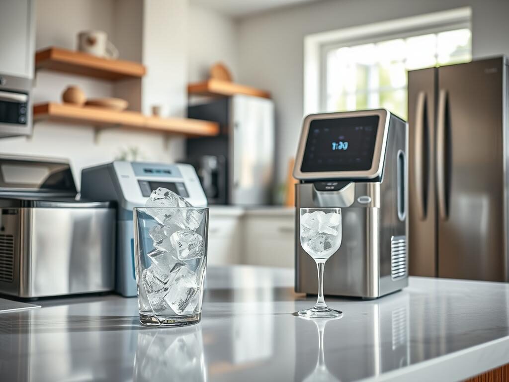 A detailed and appealing overview of modern ice makers in a well-lit kitchen setting. In the foreground, showcase a variety of ice makers, from compact countertop models to larger freestanding units, highlighting their sleek designs and features. The middle ground should include a polished kitchen countertop with ice cubes in a stylish glass, emphasizing the functional aspect of the machines. The background features a bright, airy kitchen with soft natural light filtering through a window, creating a warm and inviting atmosphere. Use a shallow depth of field to focus on the ice makers while slightly blurring the background, capturing an elegant, informative mood that highlights the importance of these appliances in daily life.