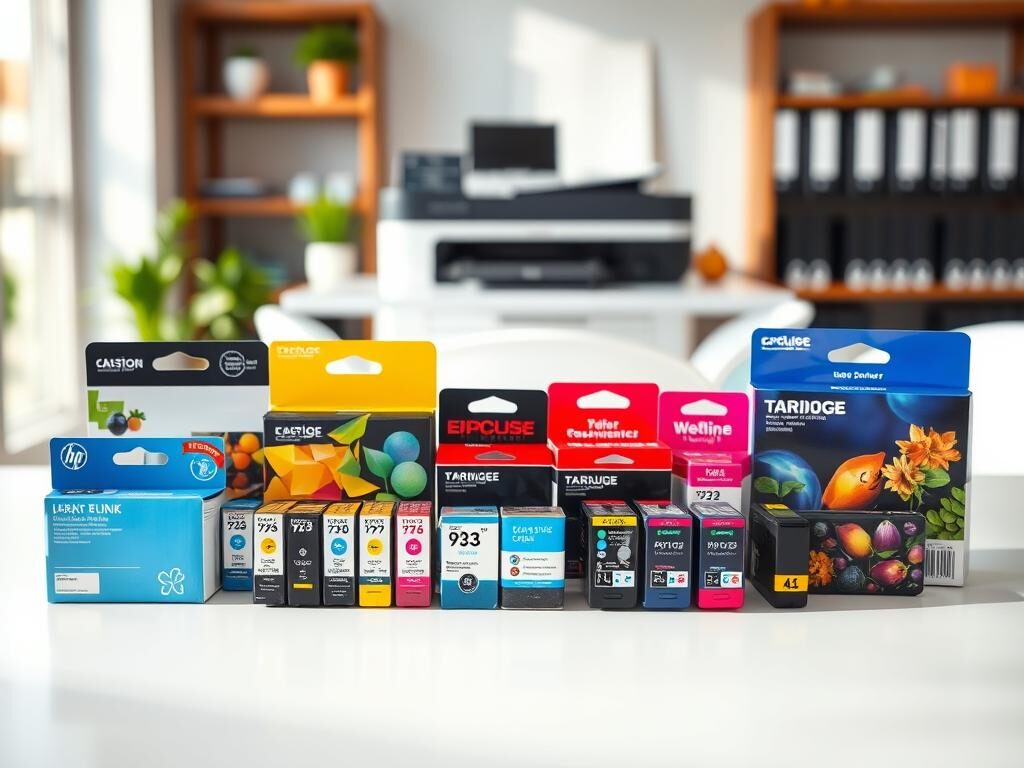 A detailed arrangement of various ink and toner cartridges on a sleek white surface. In the foreground, prominently feature a vibrant assortment of cartridges, including both inkjets and toners in their original packaging, showcasing their vivid colors and intricate designs. In the middle, incorporate a soft-focus background of an organized office space with a printer, subtly hinting at their intended use. Use warm, natural lighting to create an inviting atmosphere, with soft shadows highlighting the contours of the cartridges. Capture the image from a slightly elevated angle to provide depth, focusing on the products while suggesting a professional setting. The mood should exude clarity and knowledge, perfect for an informative section on these essential items. A detailed arrangement of various ink and toner cartridges on a sleek white surface. In the foreground, prominently feature a vibrant assortment of cartridges, including both inkjets and toners in their original packaging, showcasing their vivid colors and intricate designs. In the middle, incorporate a soft-focus background of an organized office space with a printer, subtly hinting at their intended use. Use warm, natural lighting to create an inviting atmosphere, with soft shadows highlighting the contours of the cartridges. Capture the image from a slightly elevated angle to provide depth, focusing on the products while suggesting a professional setting. The mood should exude clarity and knowledge, perfect for an informative section on these essential items.