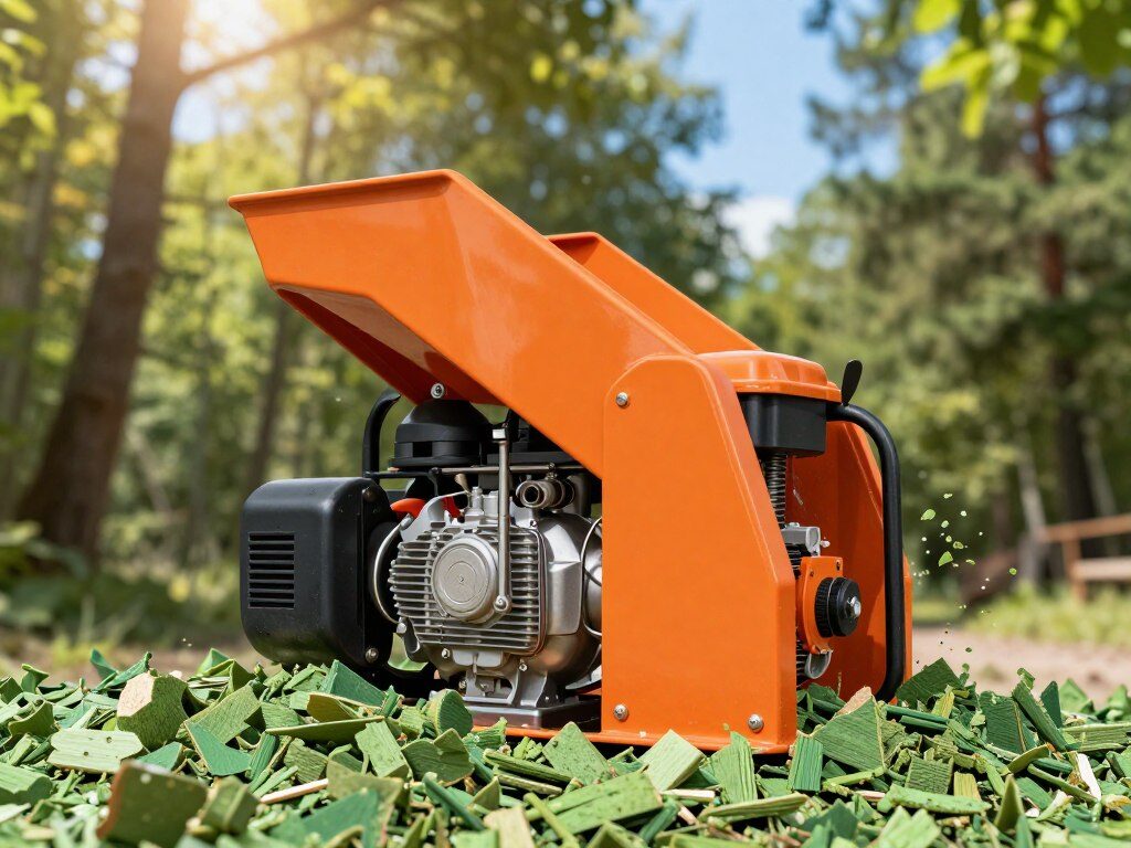 A detailed composition showcasing a gas-powered wood chipper in action, prominently positioned in the foreground with vibrant green wood chips scattered around. The machine is robust, painted in bright orange and black, with visible gas engine components and a spinning hopper. In the middle ground, show a blurred view of a lush forest setting, providing contrast with sunlight filtering through the leaves, creating a warm, inviting atmosphere. The background features soft-focus trees and a clear blue sky. Capture the scene from a low-angle perspective to emphasize the machine's power and efficiency. The lighting should be natural and bright, evoking a sense of energy and productivity, while the overall mood conveys a blend of strength and sustainability.