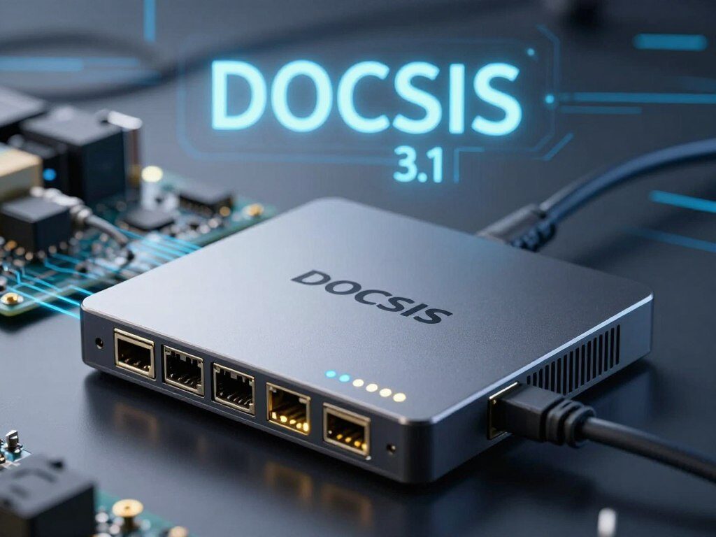 A detailed depiction of a DOCSIS 3.1 cable modem, prominently positioned in the foreground, showcasing its sleek, modern design with distinct connectivity ports and LED indicators. The middle layer features a subtle circuit board and electronic components, hinting at advanced technology. In the background, a blurred abstract representation of high-speed internet signals or data streams, evoking a sense of rapid connectivity. The scene is illuminated with soft, diffused lighting to highlight textures and reflections on the modem's surface. The angle is slightly tilted for a dynamic perspective, creating a sense of movement and innovation. The overall mood is professional and high-tech, suitable for an article on telecommunications standards.