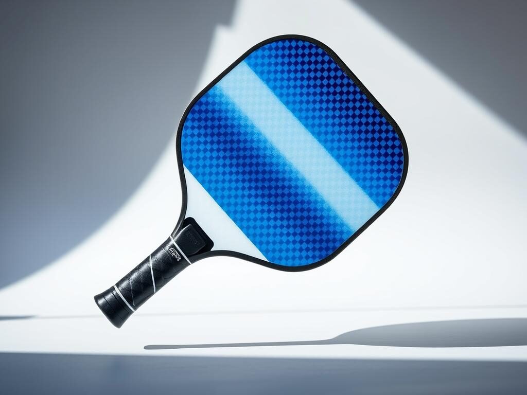 A detailed image of a foam core pickleball paddle set against a smooth, well-lit background, showcasing its sleek design. The paddle, with a vibrant color scheme featuring shades of blue and white, should highlight the textured surface of the raw carbon face and distinct foam core section visible through a cutaway. Focus on the paddle’s ergonomic grip and edge guard, emphasizing the advanced technology in its construction. Soft natural lighting should create subtle highlights and shadows, enhancing the paddle’s features. The image should have a professional, polished feel, reminiscent of a high-quality product photo, capturing the essence of innovation in paddle technology for 2026.