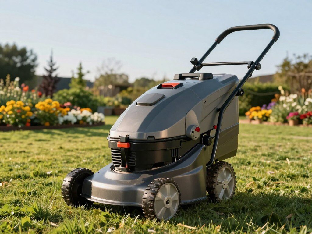 A detailed image showcasing a hopper capacity lawn sweeper, prominently positioned in the foreground. The sweeper should exhibit a robust design, featuring a large hopper and high-quality, durable wheels, set against a freshly mowed green lawn. In the mid-ground, include a scenic garden with colorful flower beds to create depth and context. The background should feature a clear blue sky and distant trees, enhancing the outdoor setting. Use warm, natural lighting to create an inviting atmosphere, emphasizing the shiny metal and plastic components of the sweeper. Capture the scene from a slightly elevated angle, allowing a comprehensive view of the sweeper's top features and operational efficiency.