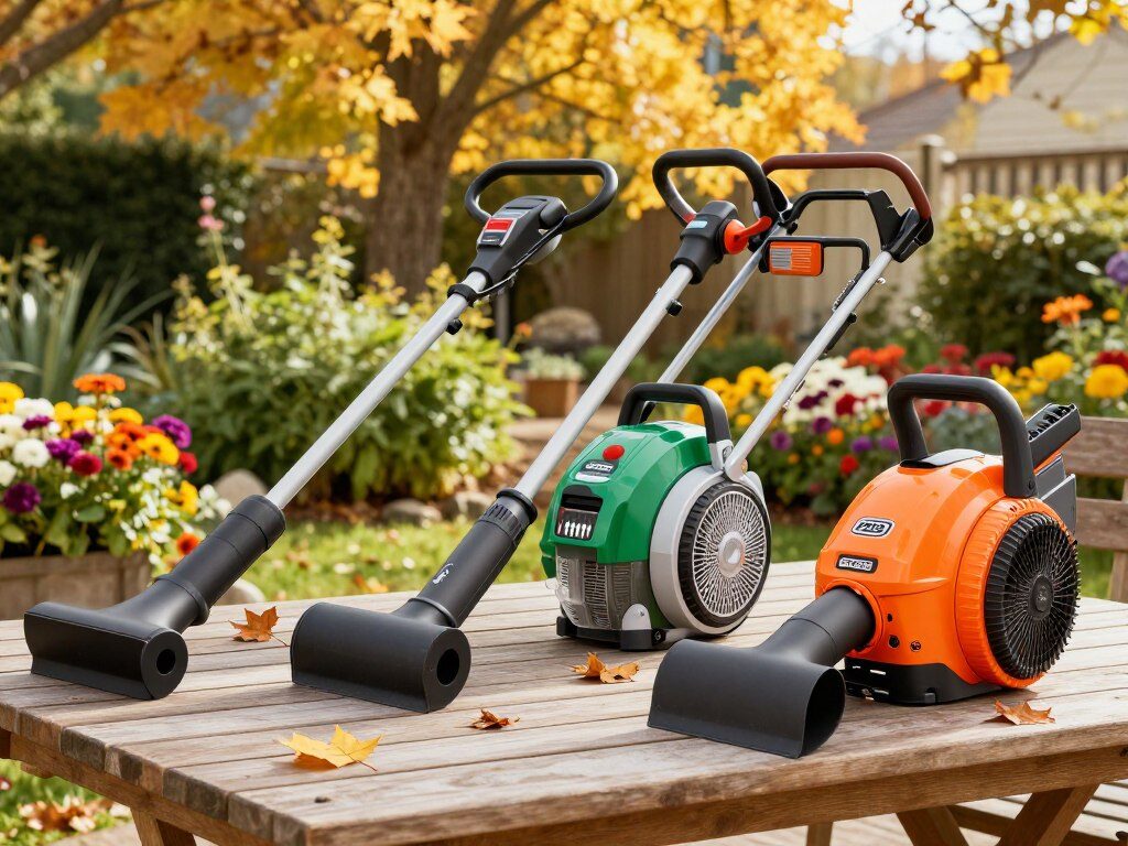 A diverse selection of the best leaf blowers of 2026, arranged on a wooden outdoor table in a garden setting. The foreground features three top-rated models, showcasing their sleek designs, vibrant colors, and distinctive brand logos. The middle ground includes some fallen leaves, demonstrating the effectiveness of the blowers. In the background, lush greenery and colorful flowers create a vibrant atmosphere, emphasizing an autumn setting with golden sunlight filtering through the trees. The scene should be captured with a professional lens, slightly blurred edges to focus on the leaf blowers while maintaining crisp details. The overall mood is cheerful and energetic, highlighting innovation and quality in outdoor gardening tools.